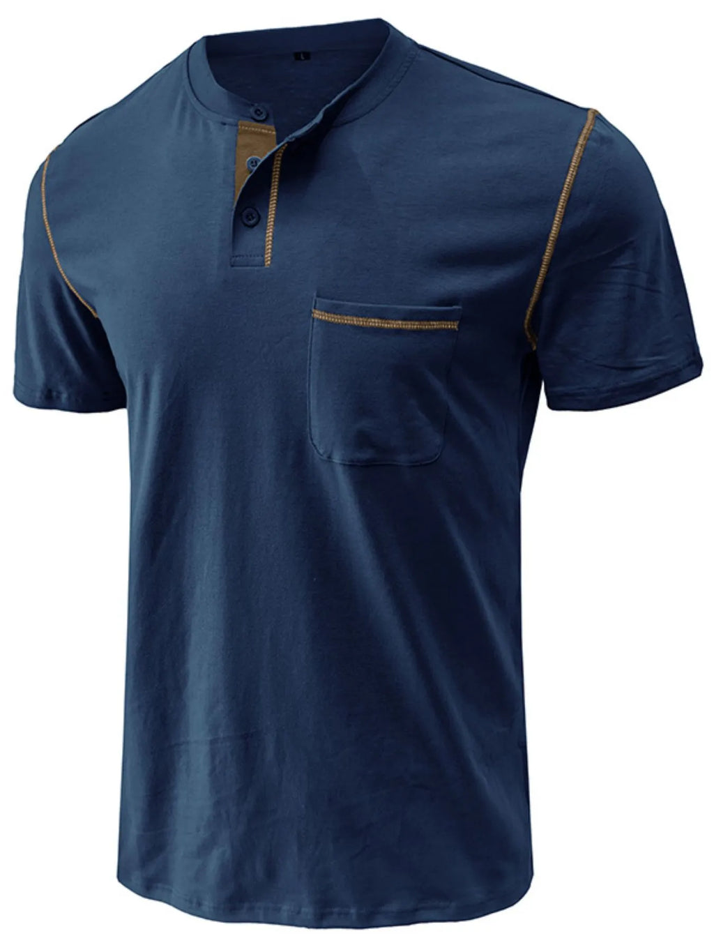 Men's Full Size Casual Henley T-Shirt with Contrast Stitching and Pocket Plus Size.