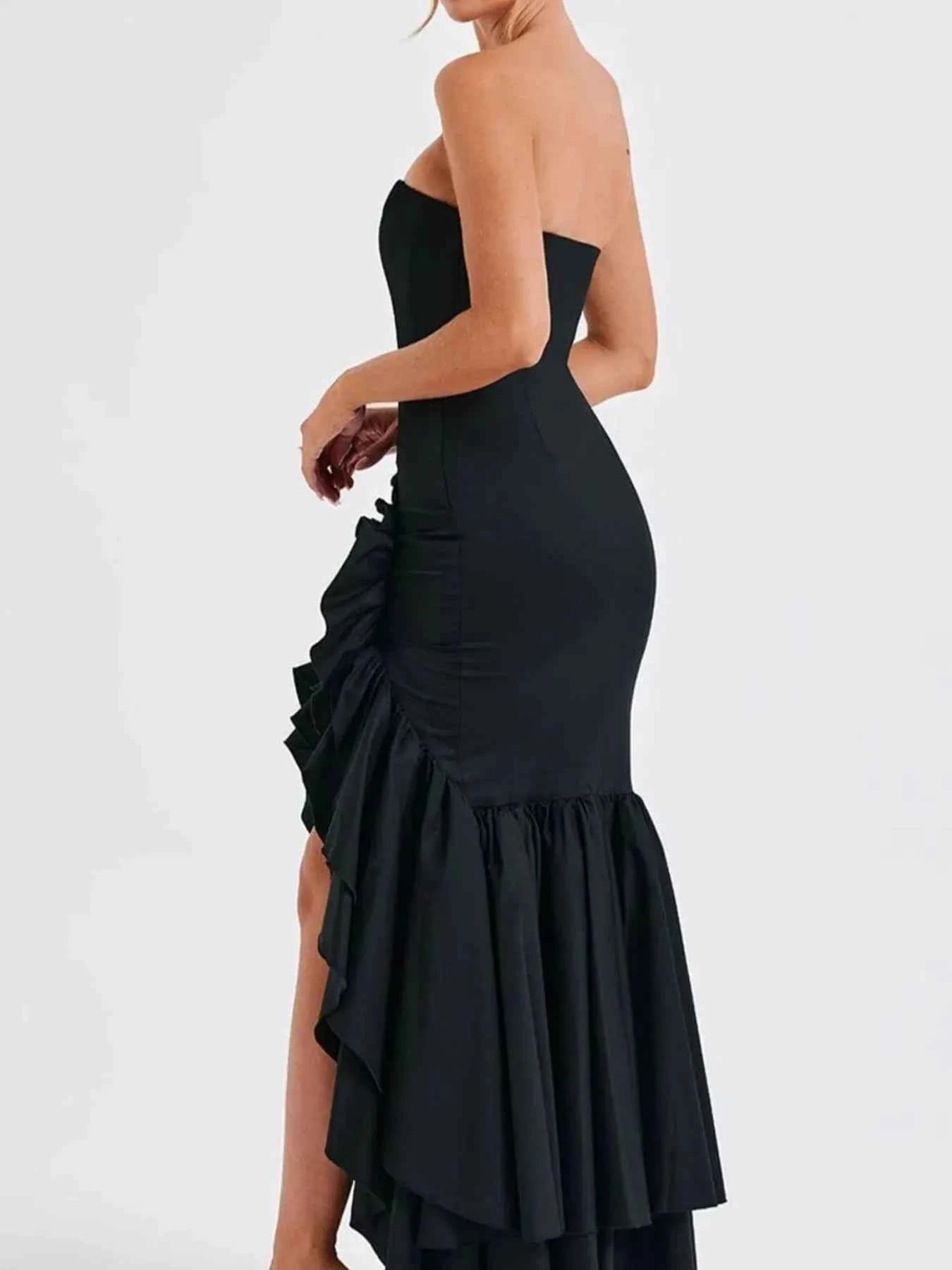 Strapless Ruffle High-Low Bodycon Dress.