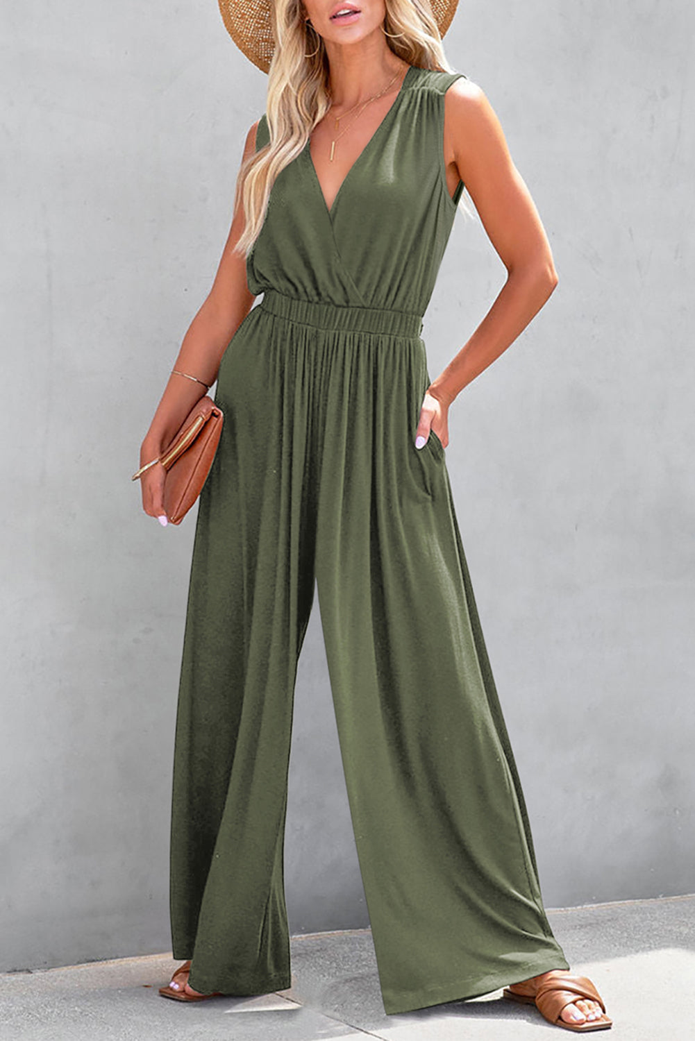 Jungle Green Deep V Pleated Crisscross Wide Leg Backless Jumpsuit Dear-Lover Dropshipping