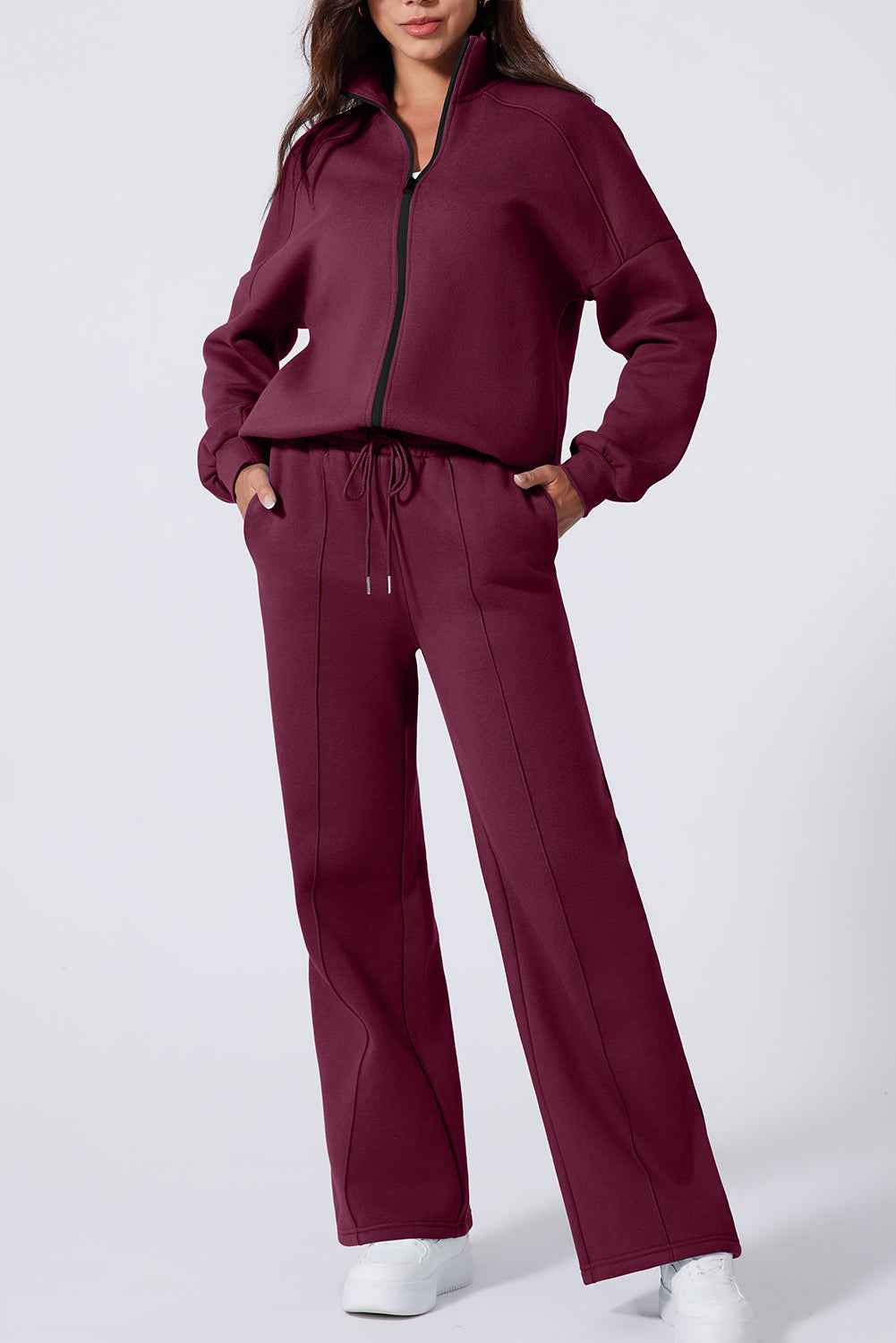Burgundy Drop Shoulder Zip Up Jacket Drawstring Pants Active 2pcs Set