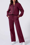Burgundy Drop Shoulder Zip Up Jacket Drawstring Pants Active 2pcs Set