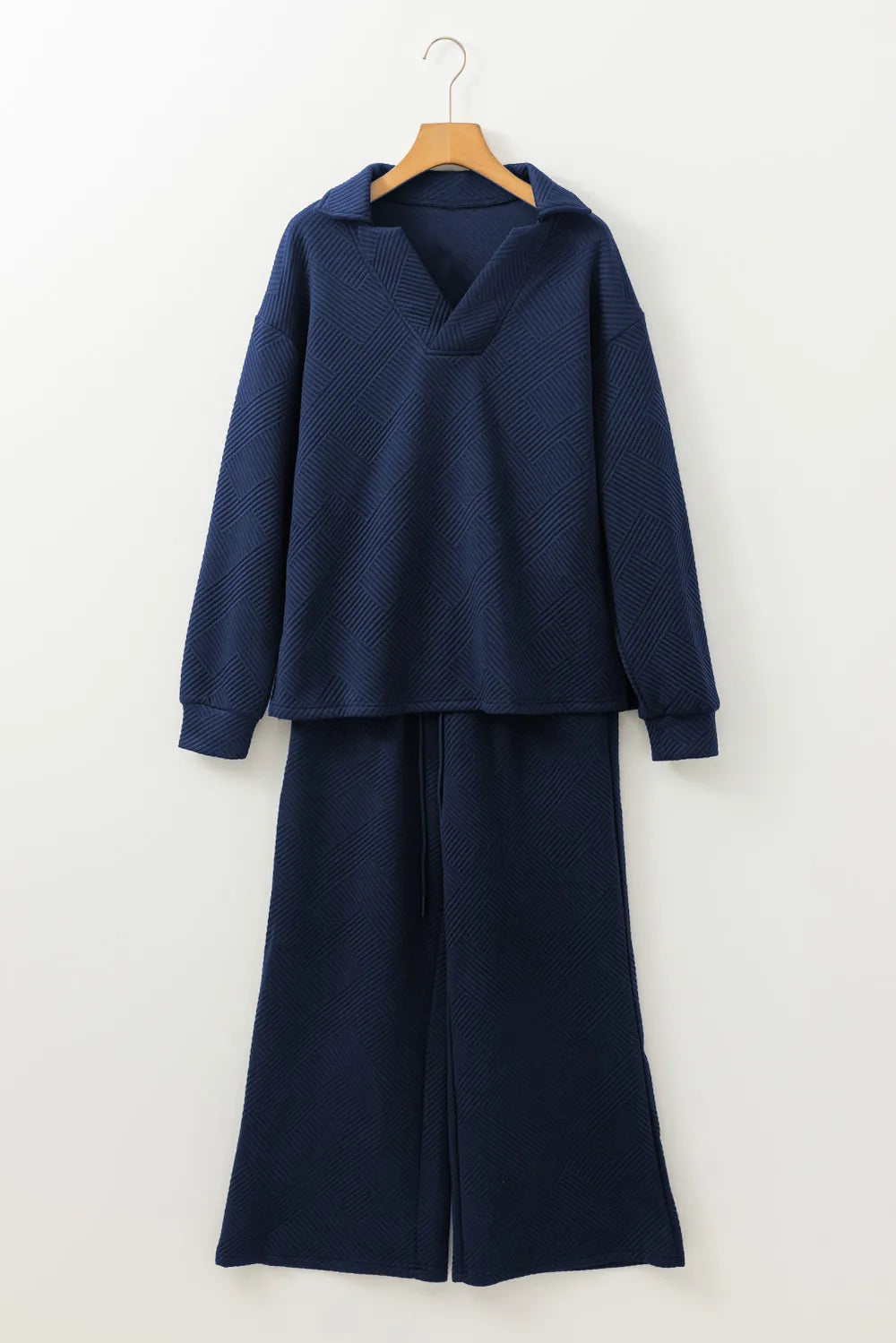 Textured Collared Neck Top and Wide Leg Pants Set.