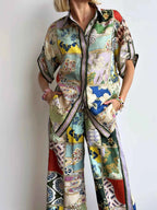 Printed Button Up Shirt And Drawstring Pants Two Piece Set
