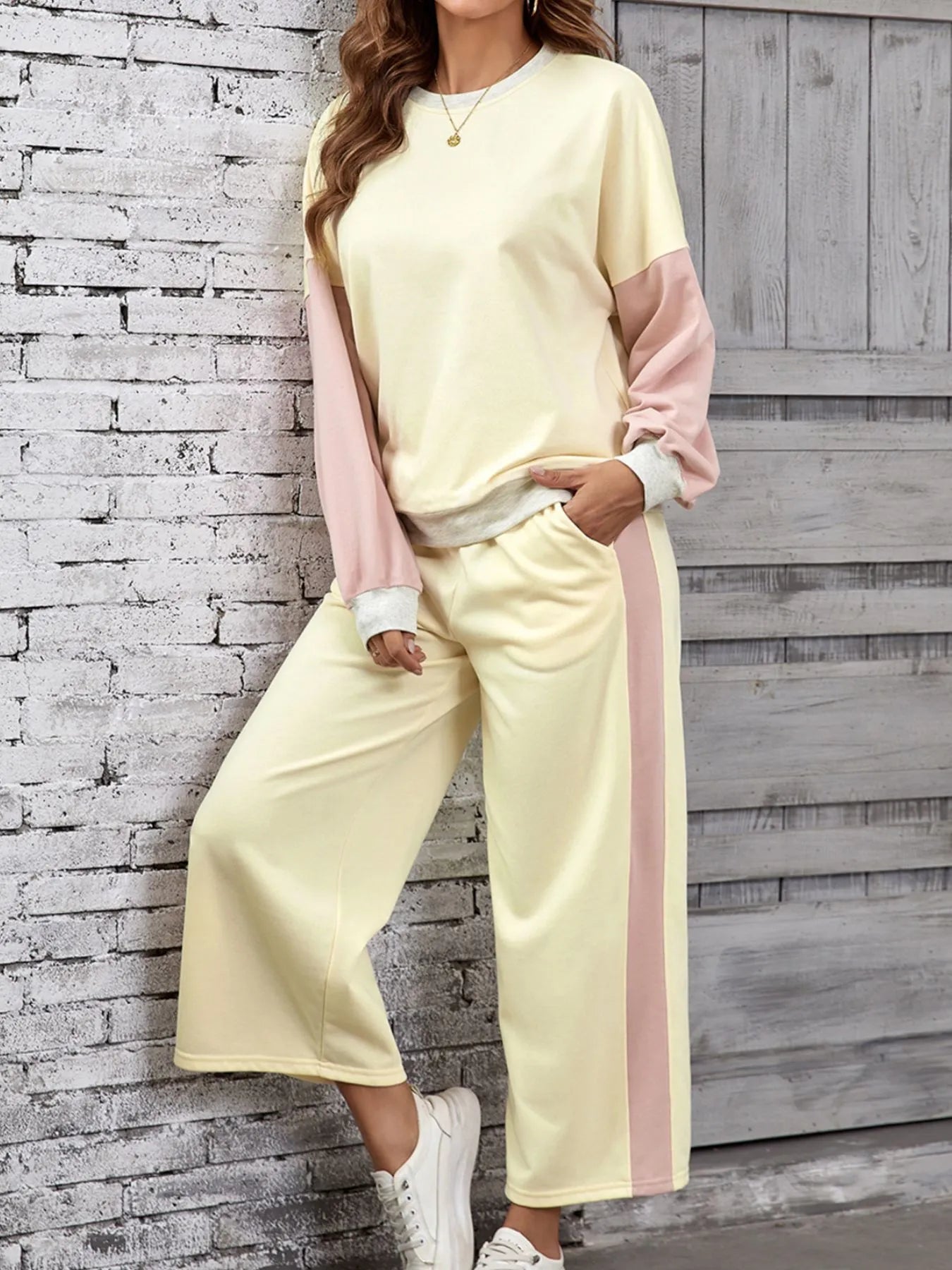 Color Block Round Neck Top and Pants Set.
