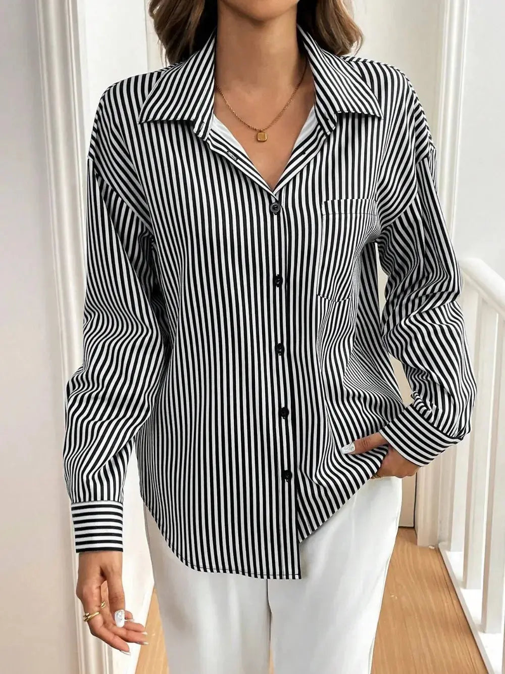 Cutout Bow Back Striped Collared Neck Long Sleeve Shirt.