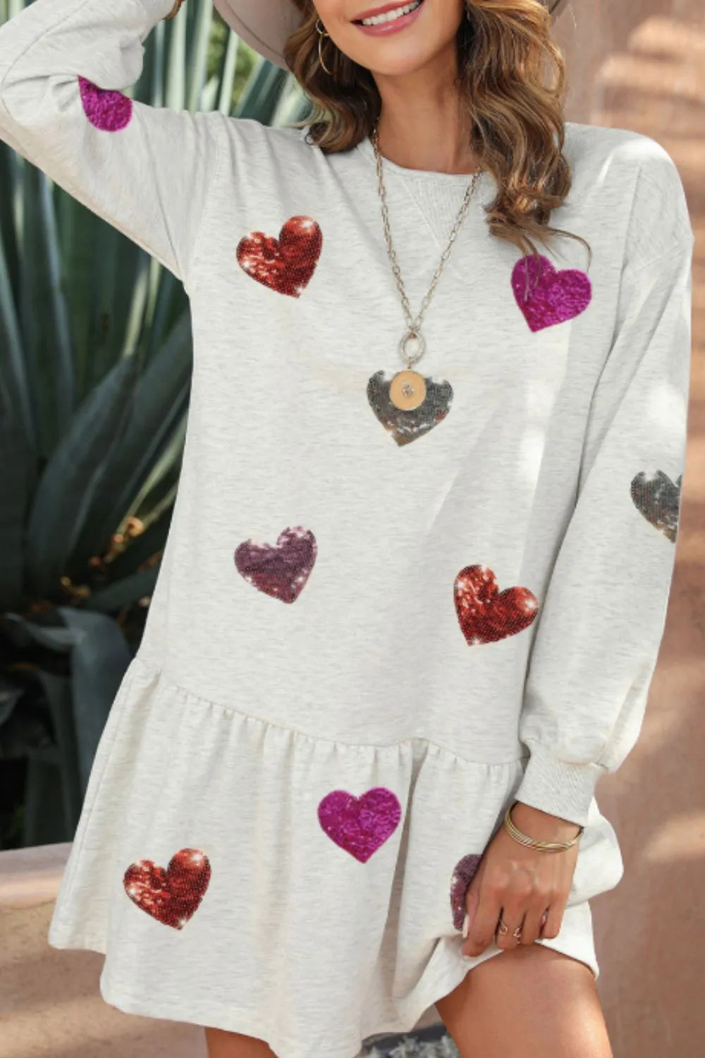 Sequin Heart Round Neck Long Sleeve Mini Dress.