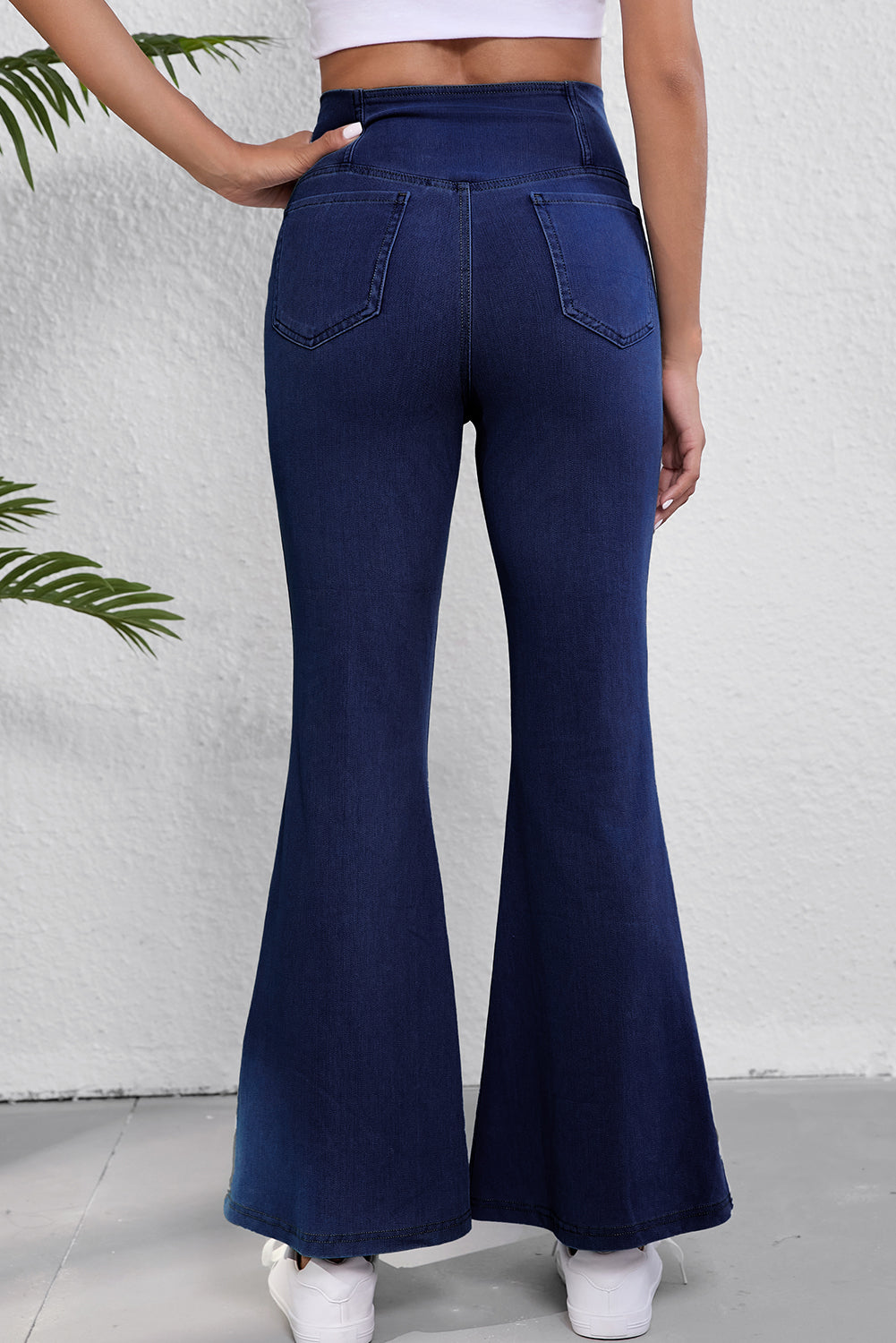 Dusk Blue Solid Crossed Waist High Elastic Fit Flare Knit Jeans Dear-Lover Dropshipping