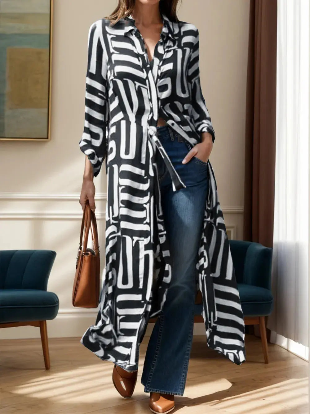 Contrast Collared Neck Long Sleeve Longline Shirt.