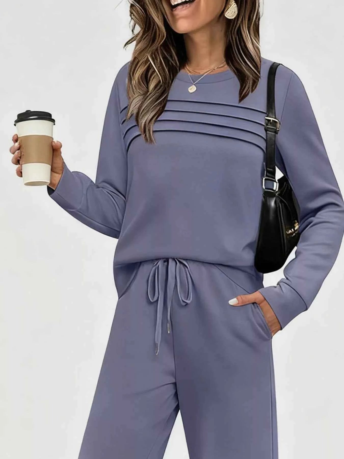 Full Size Casual Long Sleeve Top and Pants Set Plus Size
