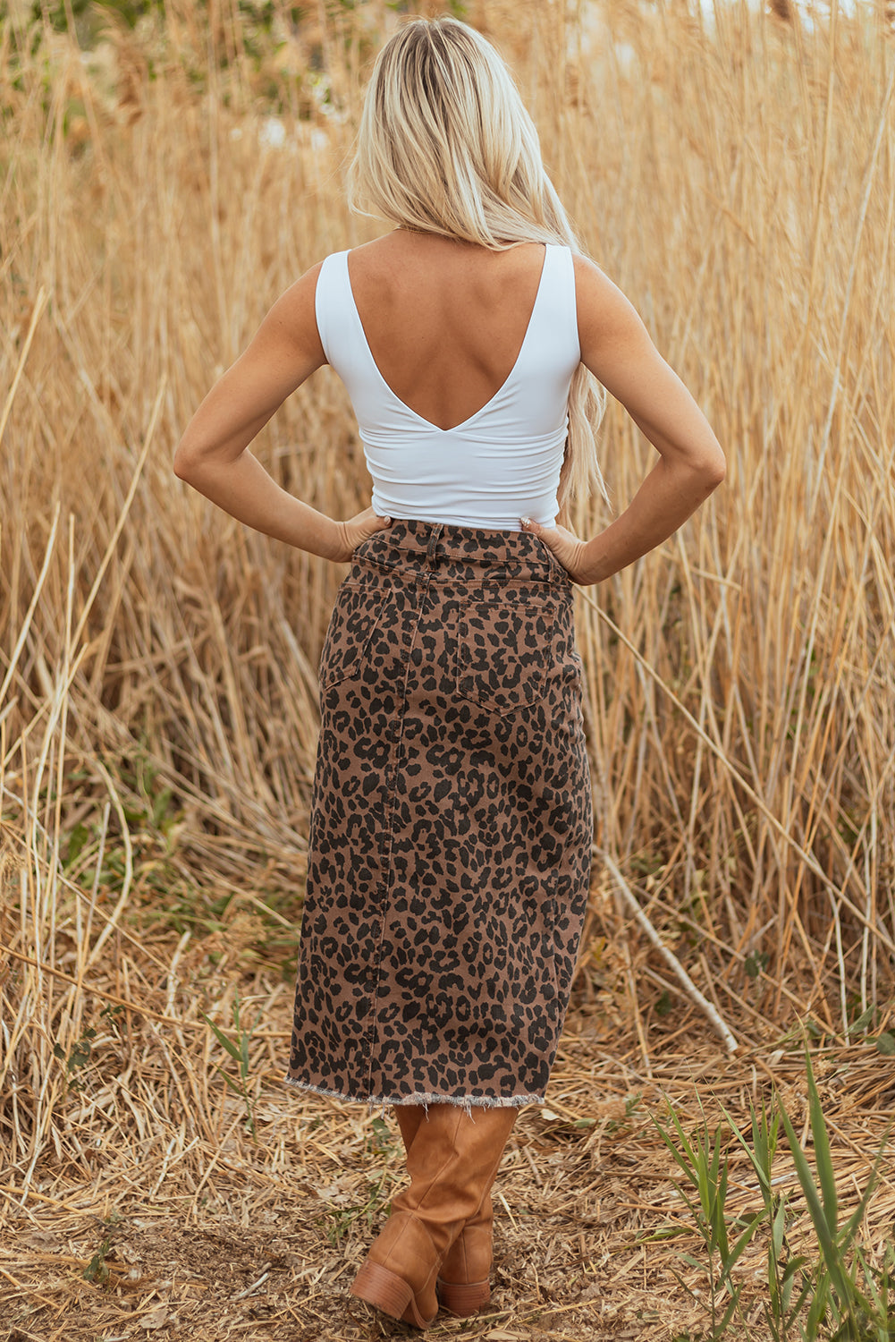Brown Leopard Denim Frayed Split Denim Midi Skirt Dear-Lover Dropshipping