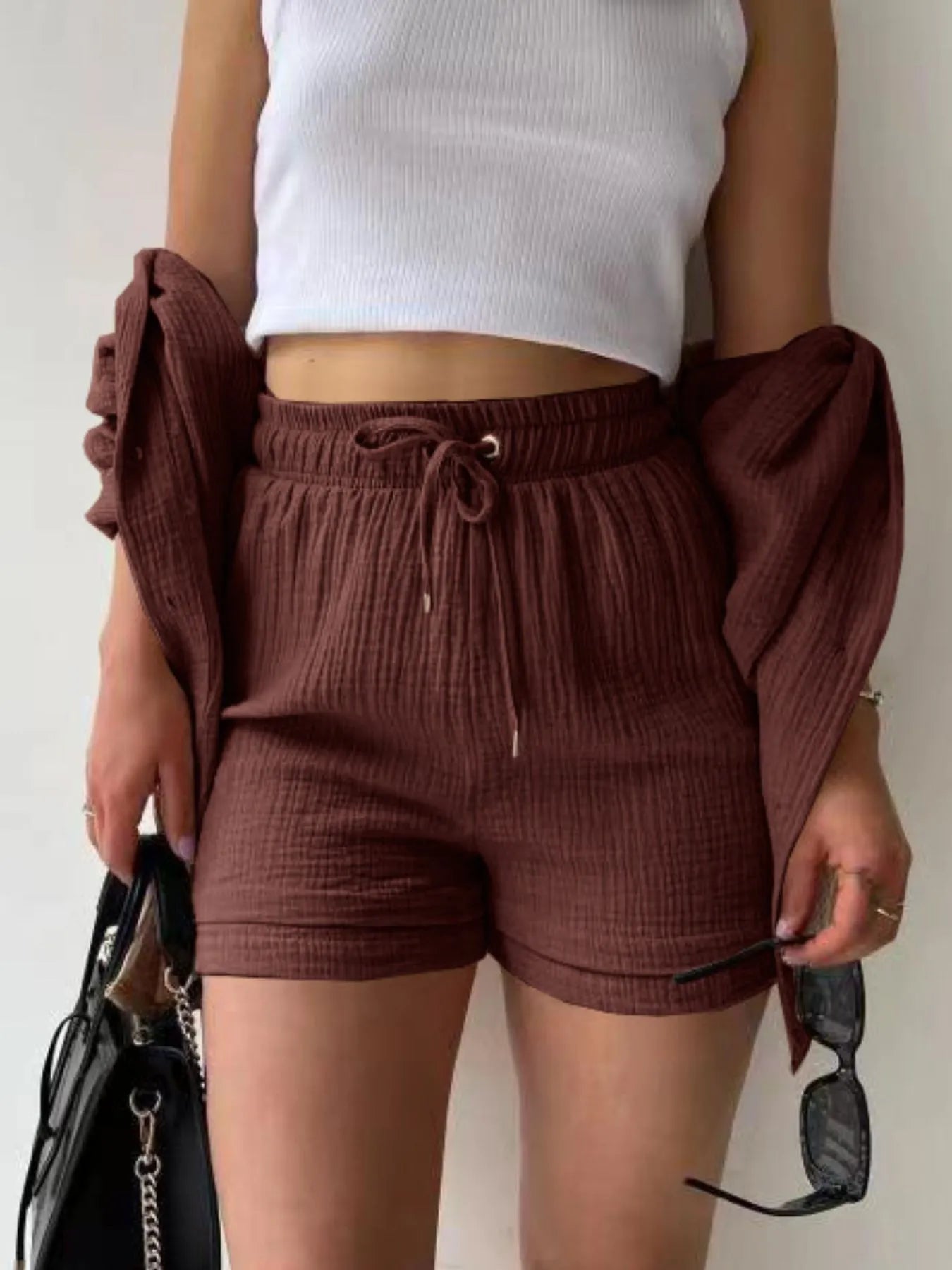 Textured Button Up Shirt and Shorts Set.