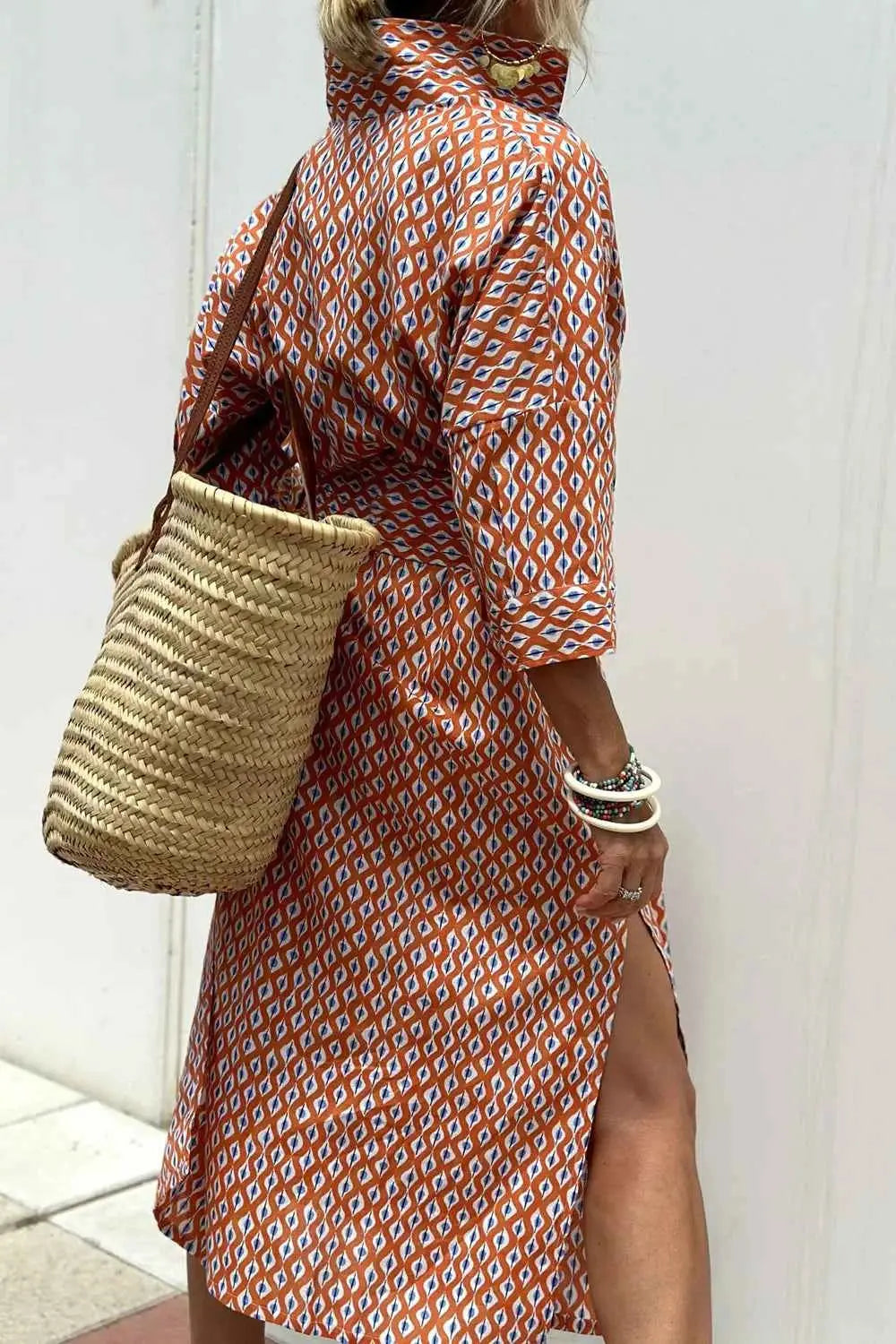 Tied Button Up Three-Quarter Sleeve Dress.