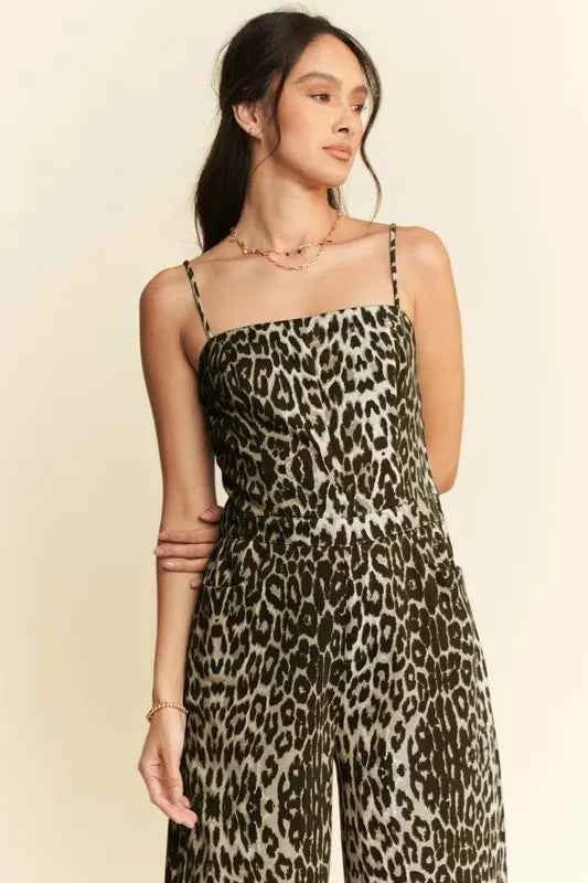 Davi & Dani Leopard Spaghetti Straps Wide Leg Jumpsuit