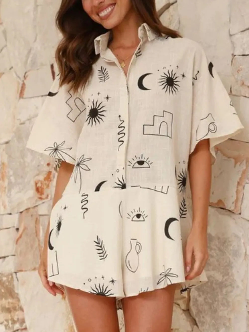 Printed Collared Neck Half Sleeve Romper.