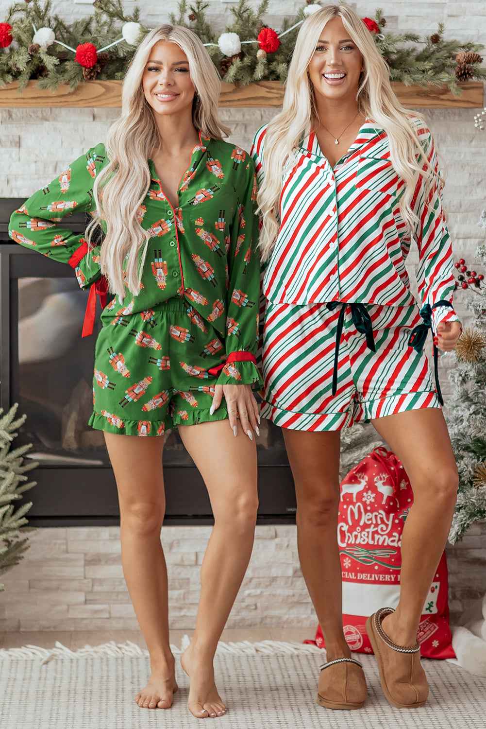 Green Christmas Candy Contrast Trim Bow Knot Silky 2pcs Pajama Set