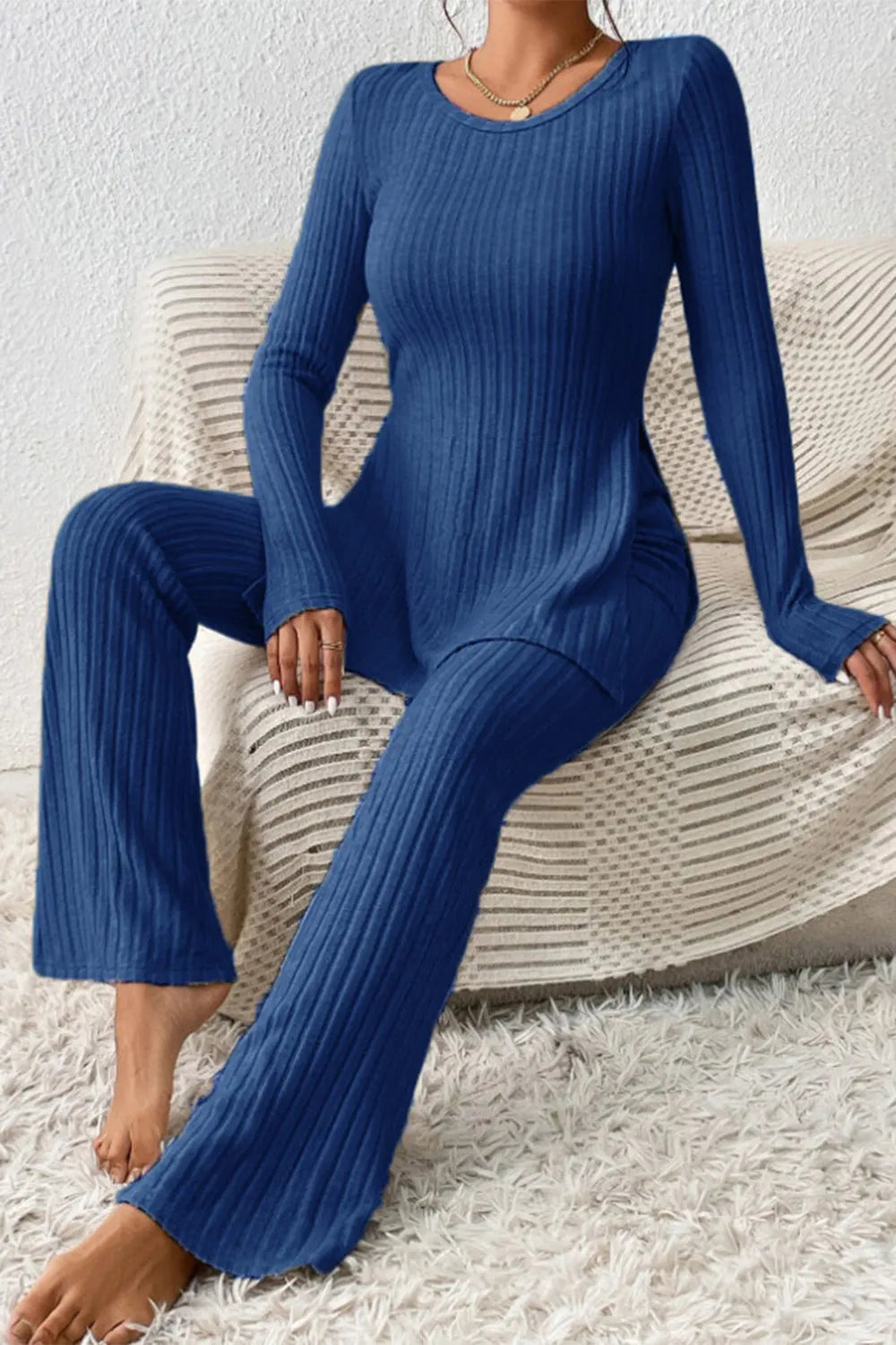 Ribbed Long Sleeve Slit Top and Bootcut Pants Set - CHIC TB