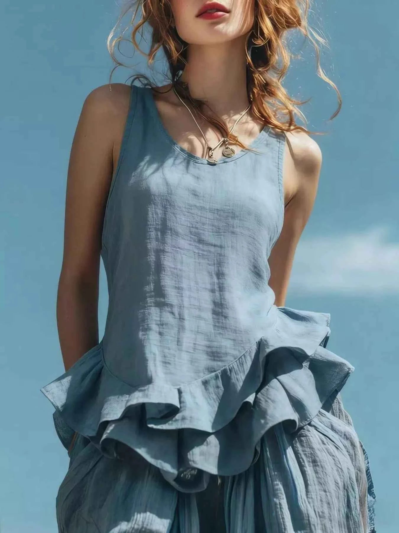 Ruffled Hem Round Neck Tank
