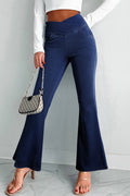 Dusk Blue Solid Crossed Waist High Elastic Fit Flare Knit Jeans Dear-Lover Dropshipping