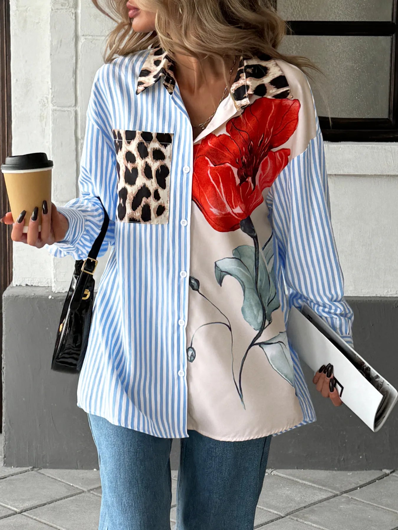 Leopard Floral Striped Casual Button-Up Shirt.