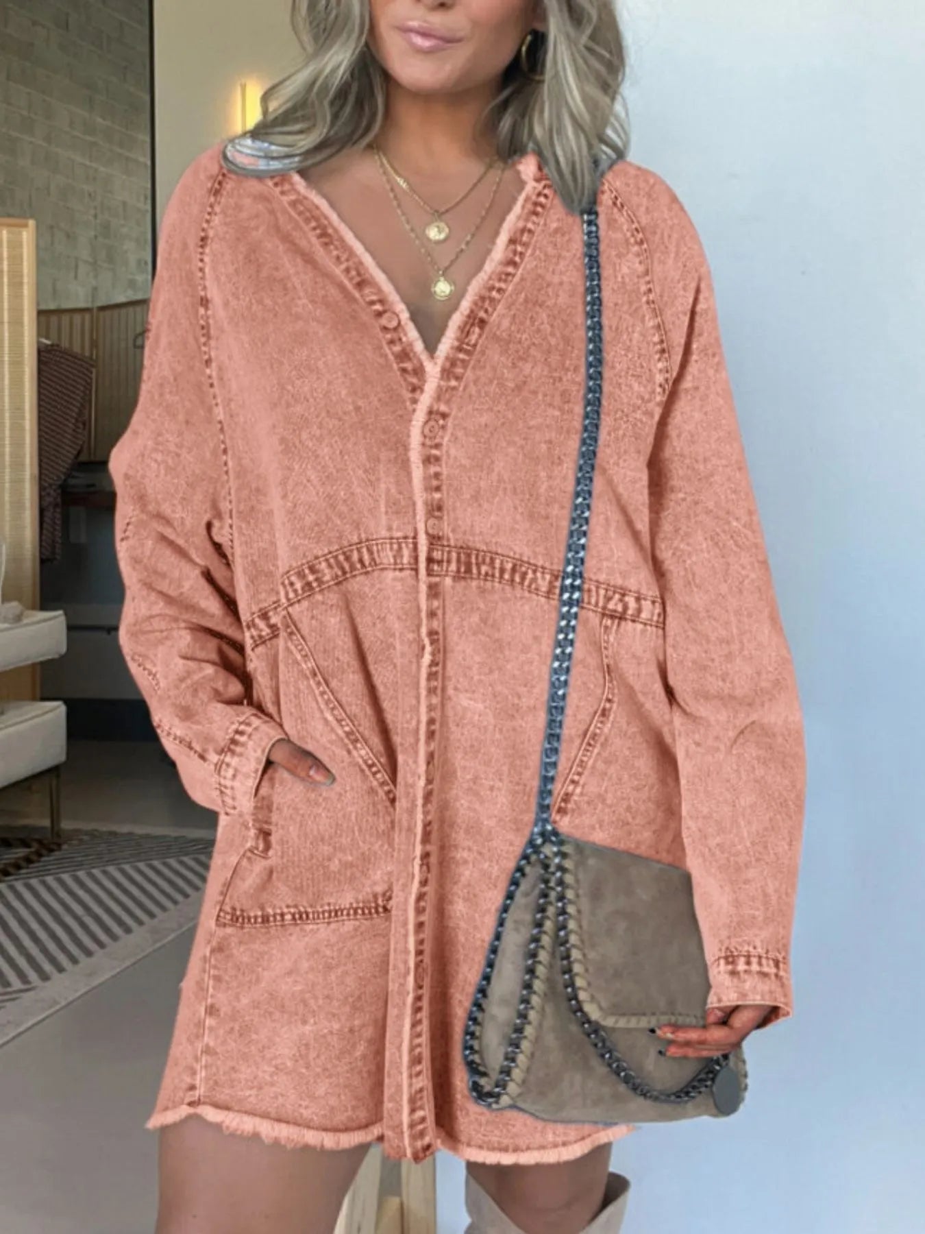 Full Size Button-Front Long Sleeve Denim Shirt Dress Plus Size.