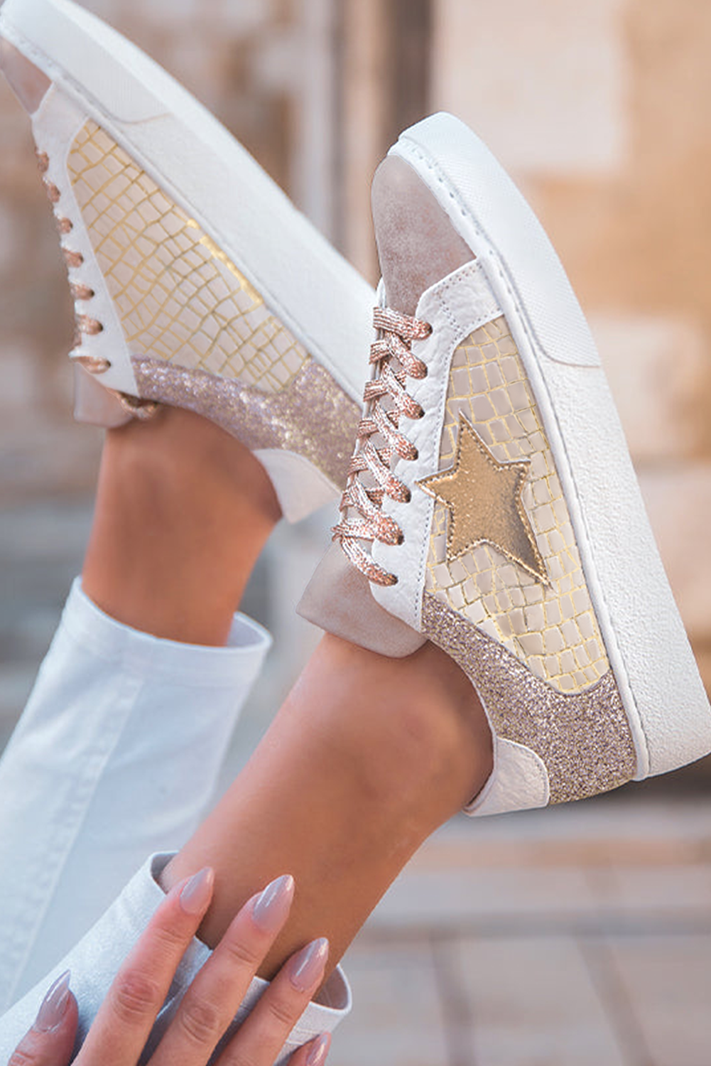 Gold Glitter Star Patchwork PU Leather Lace-up Sneakers Dear-Lover Dropshipping