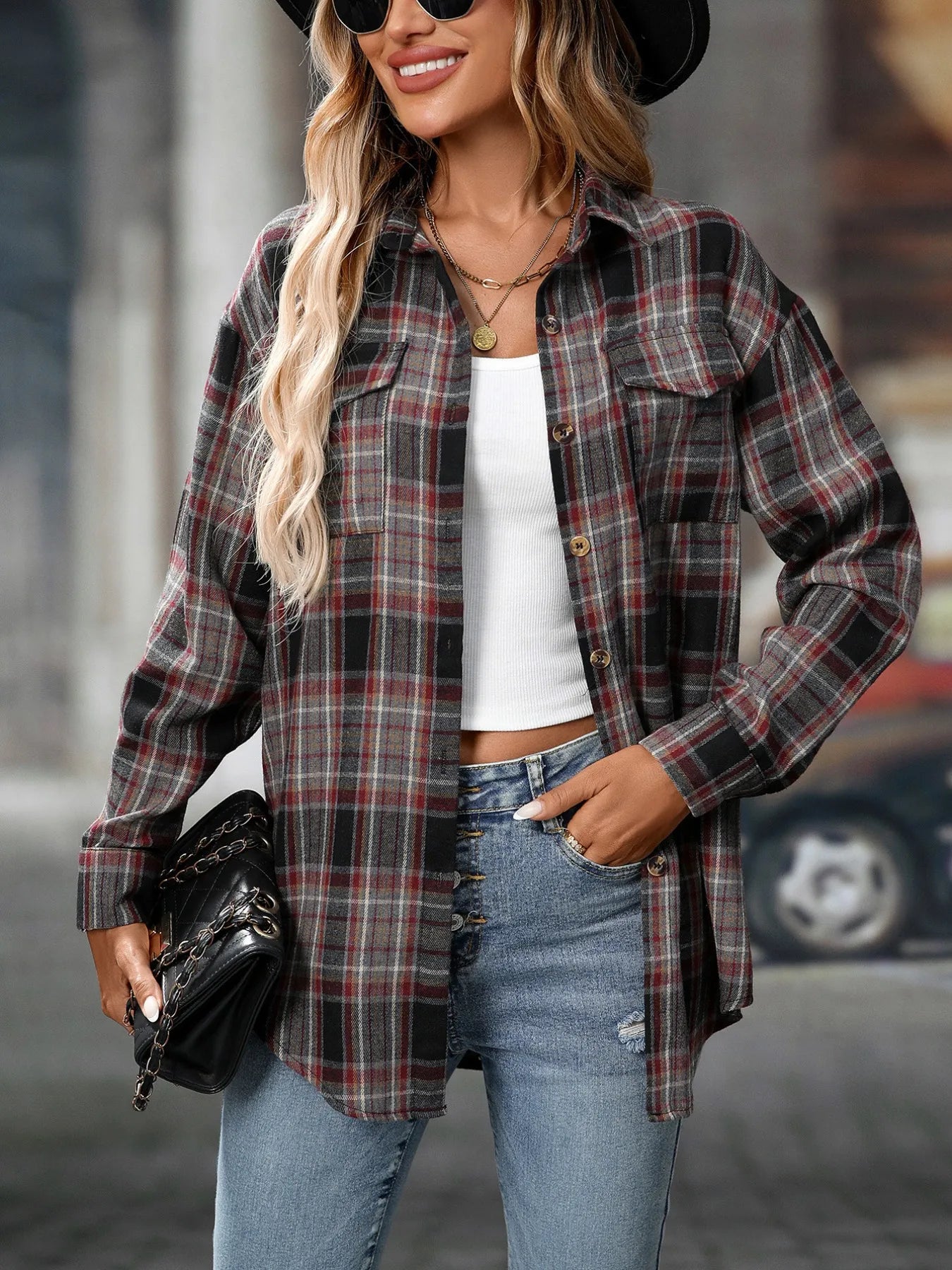Oversized Plaid Button-Up Shirt.