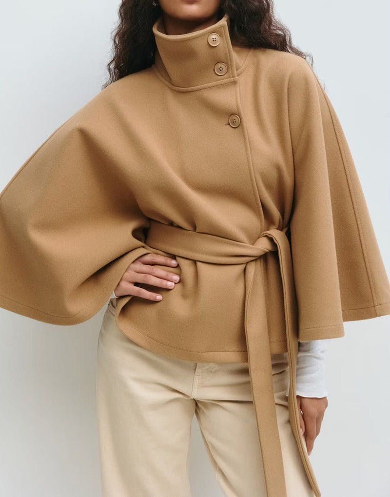 Winter High Neck Batwing Sleeve Coat With Belt Fashion Loose Elegant Button Top Trench Coat For Women Clothing CJ Dropshipping