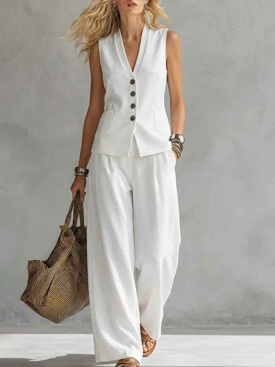 Womens Solid-Colored Sleeveless Casual Linen Tank Top And Pants Set