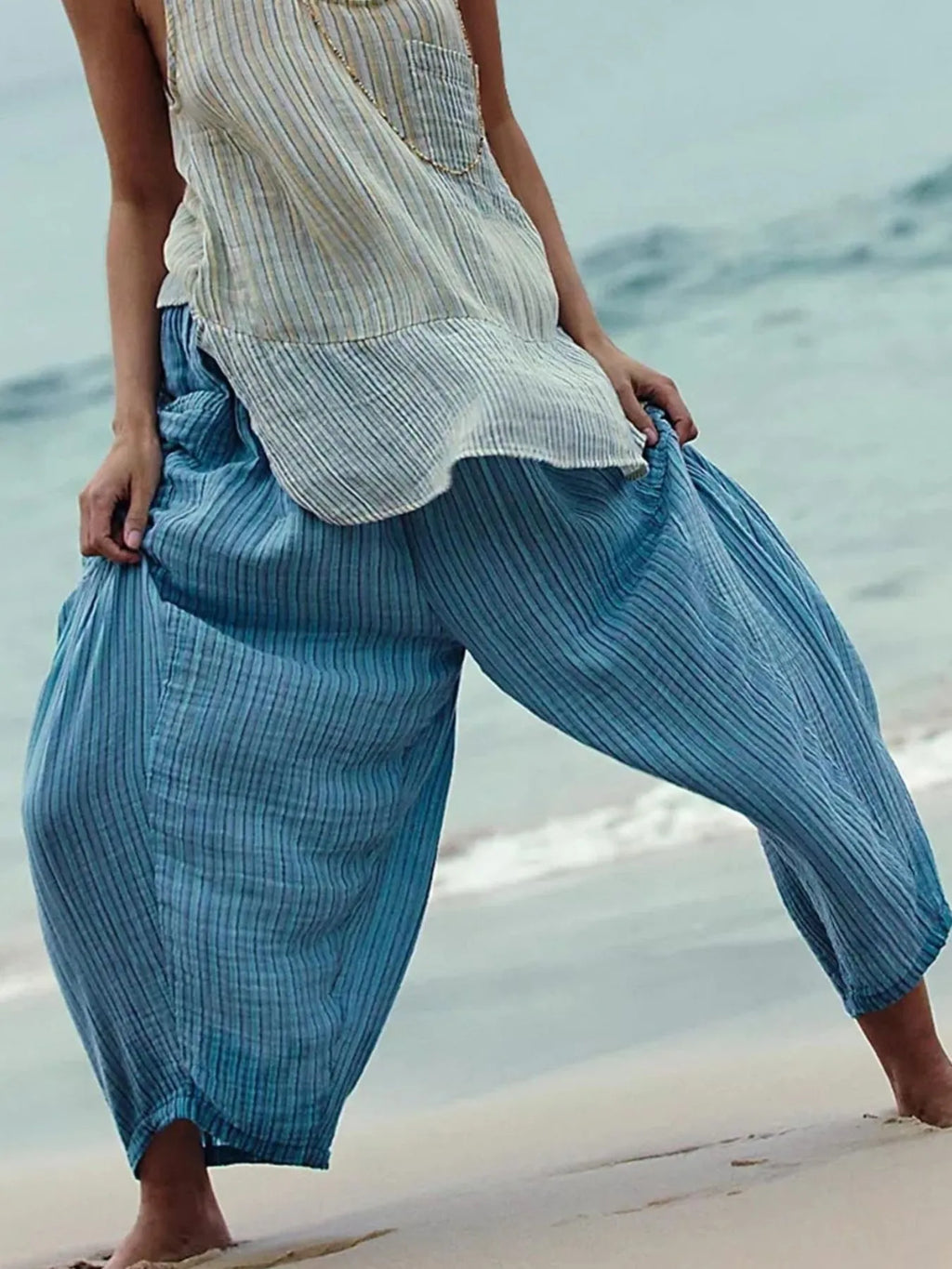 Full Size Striped Wide Leg Casual Pants Plus Size.