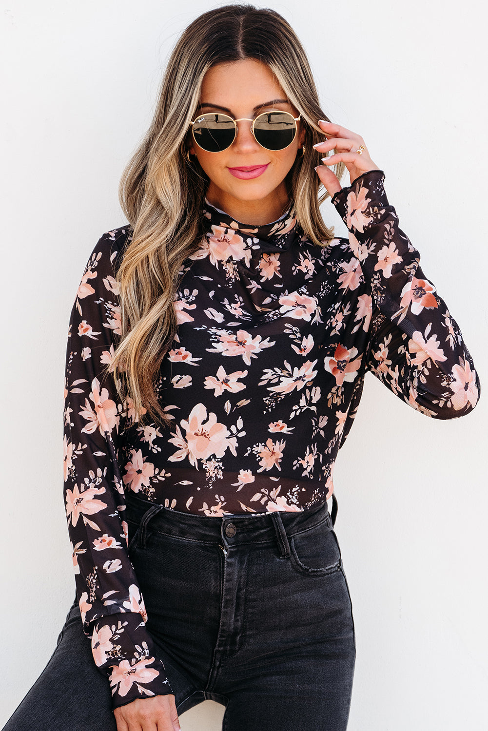 Black Floral Mesh Mock Neck Long Sleeve Slim Fit Top Dear-Lover Dropshipping