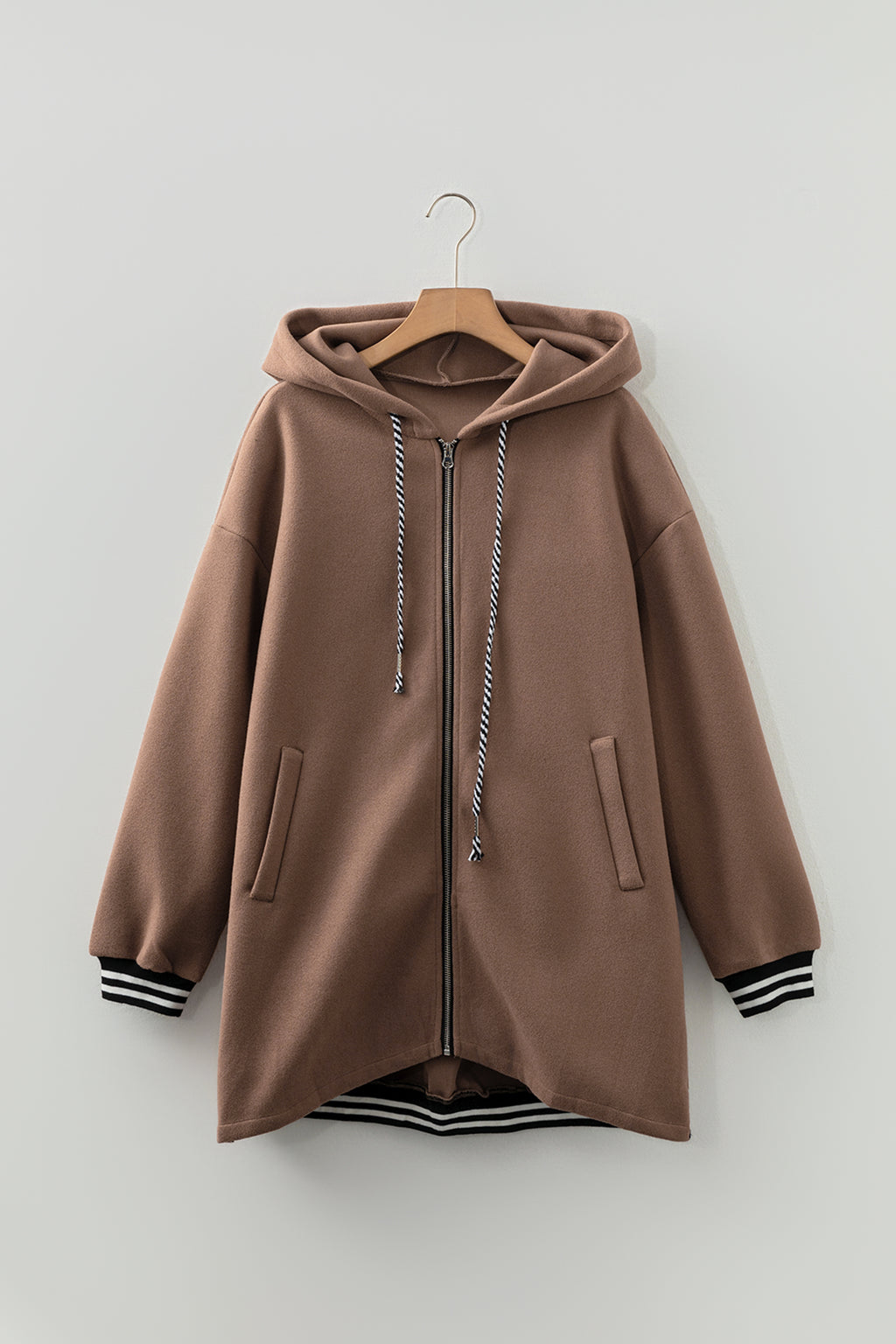 Dark Khaki Contrast Cuffed Drop Shoulder Zip up Tunic Hoodie