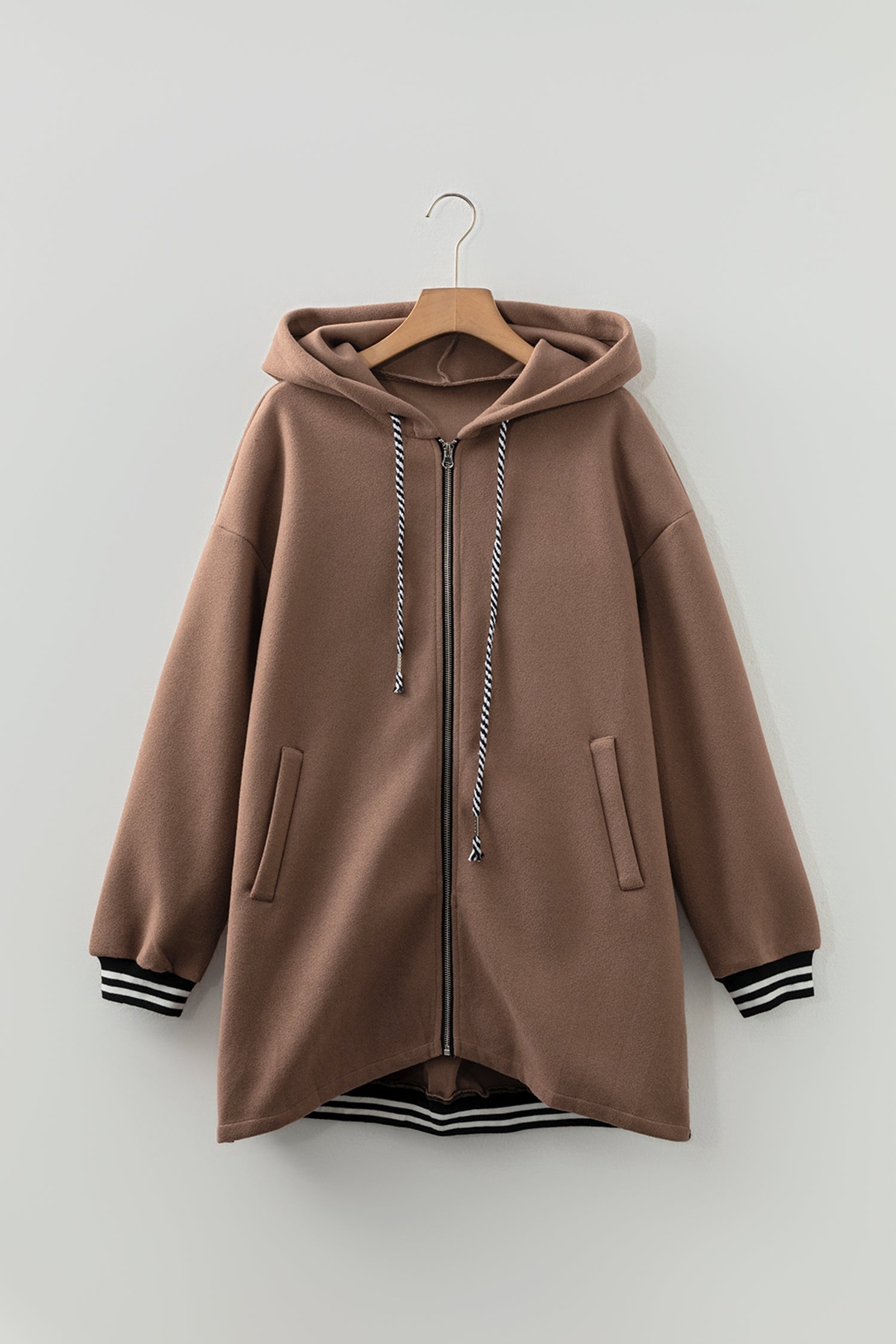 Dark Khaki Contrast Cuffed Drop Shoulder Zip up Tunic Hoodie