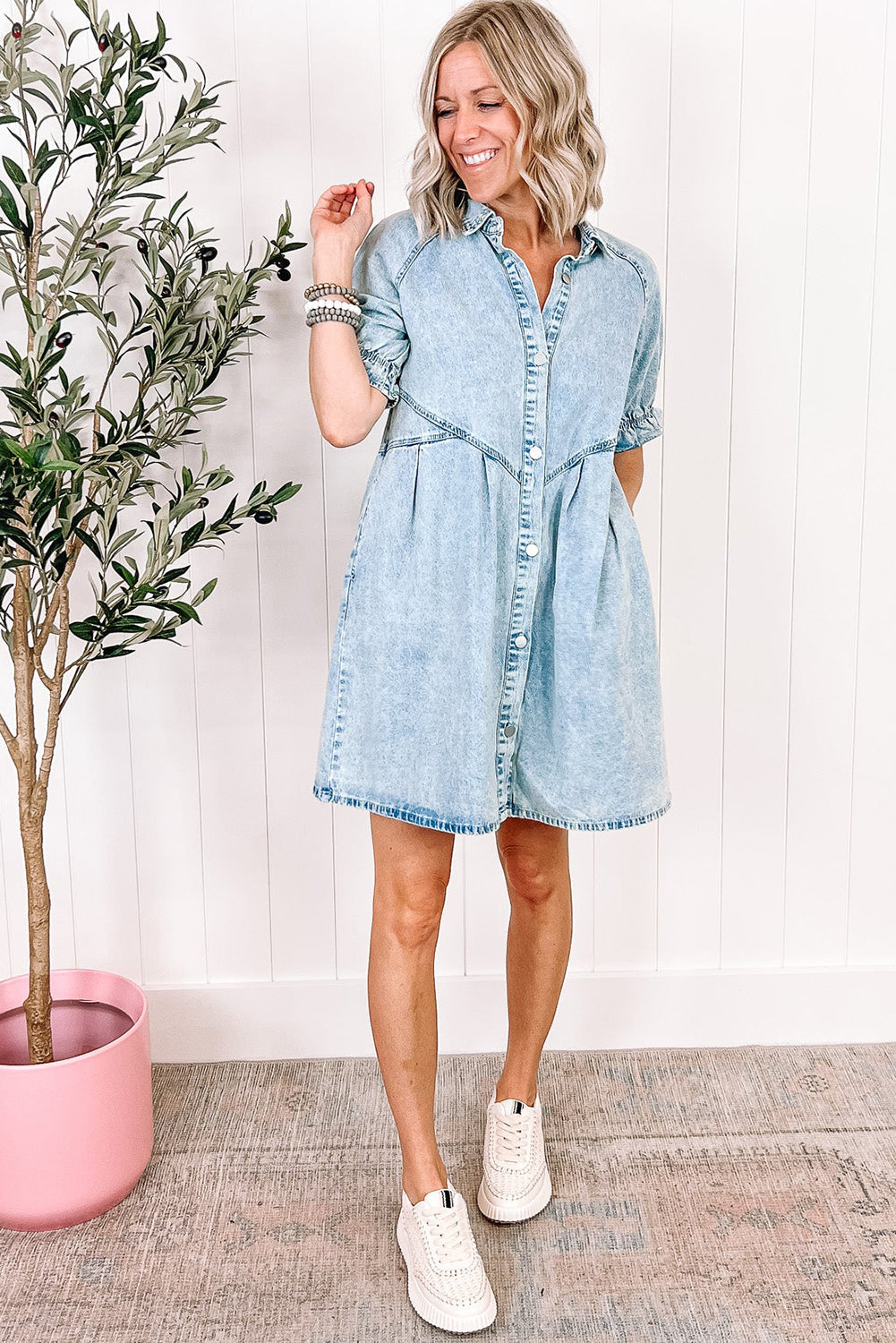 Beau Blue Mineral Wash Ruffled Short Sleeve Buttoned Denim Dress Dear-Lover Dropshipping