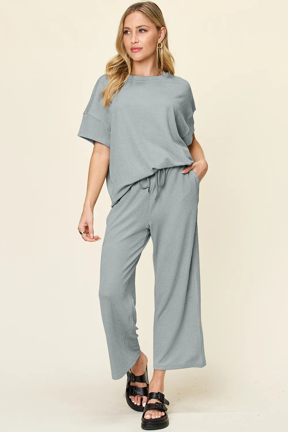 Double Take Full Size Texture Round Neck Short Sleeve T-Shirt and Wide Leg Pants - CHIC TB