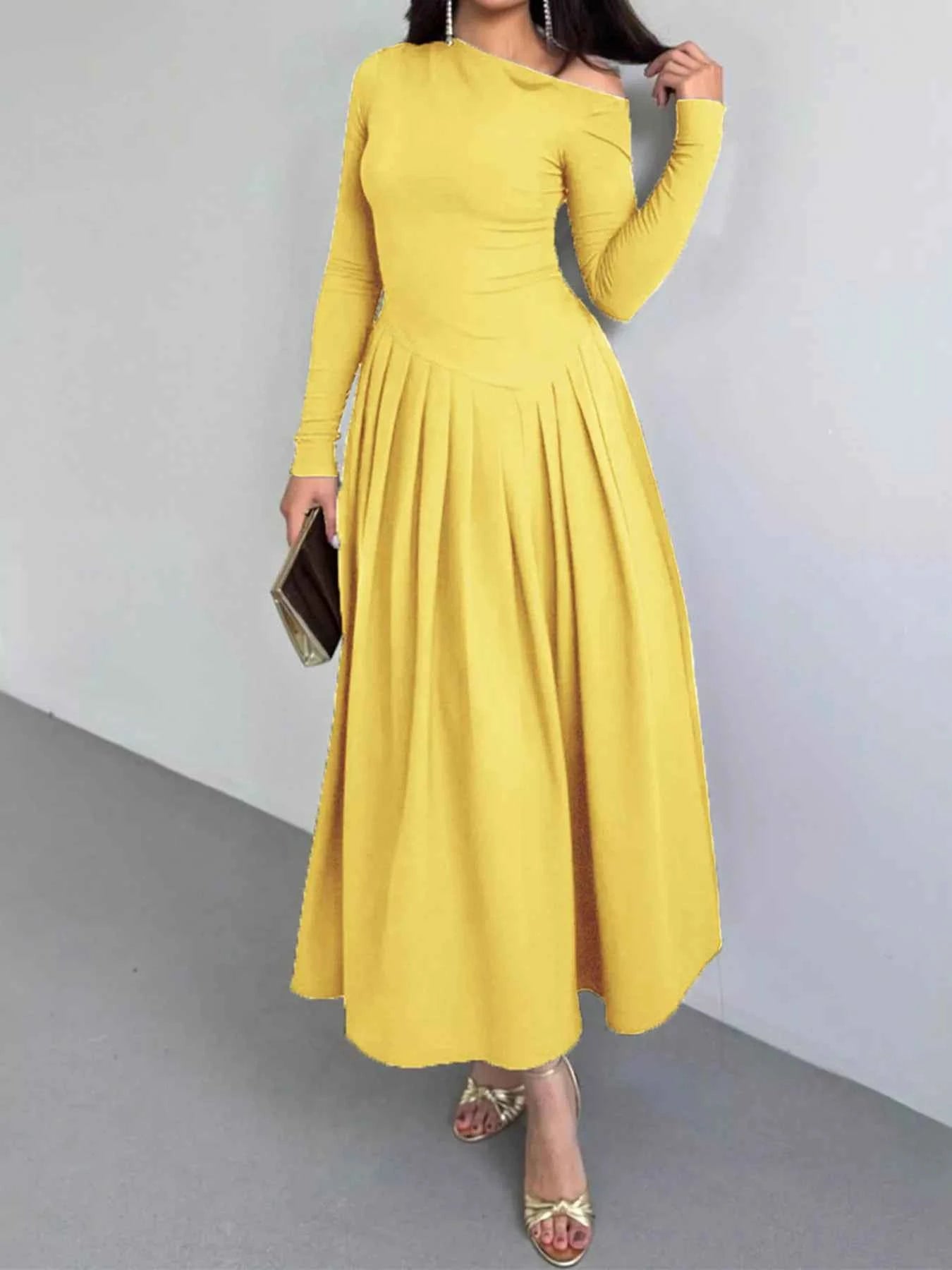 Ruched One Shoulder Long Sleeve Dress