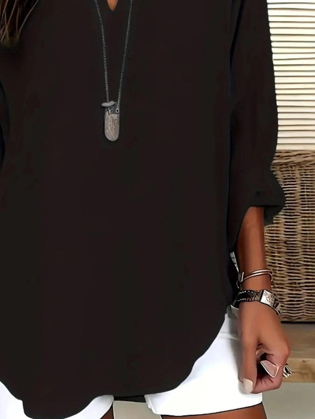 Notched Long Sleeve Casual Blouse.