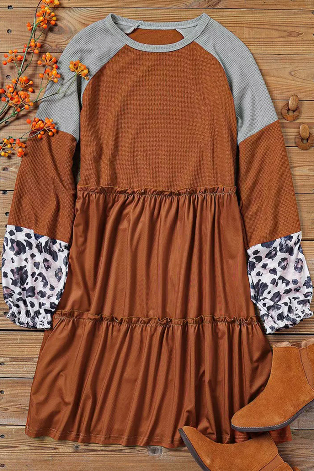 Brown Waffle Knit Leopard Patchwork Long Sleeve Dress Dear-Lover Dropshipping