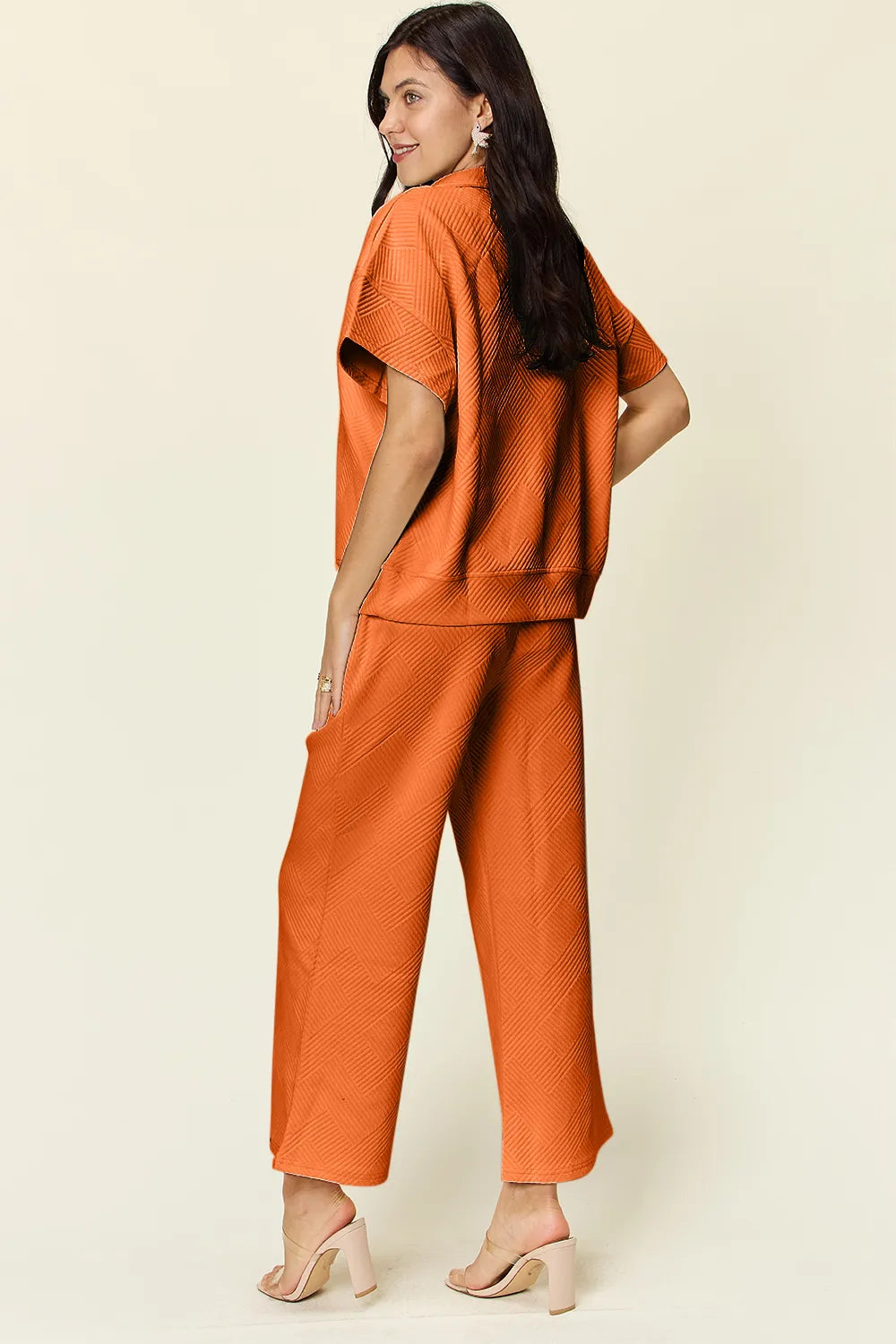 Double Take Full Size Texture Half Zip Short Sleeve Top and Pants Set - CHIC TB