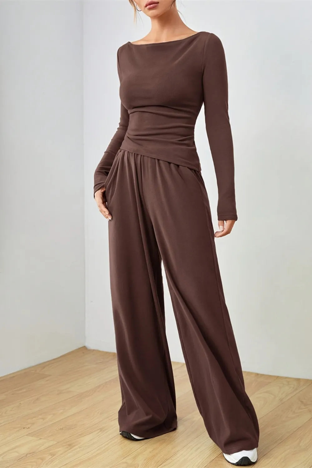Boat Neck Long Sleeve Top and Pants Set.