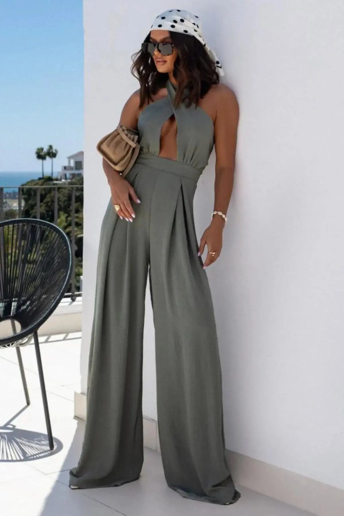 Halter Neck Wide Leg Jumpsuit with Keyhole Detail.