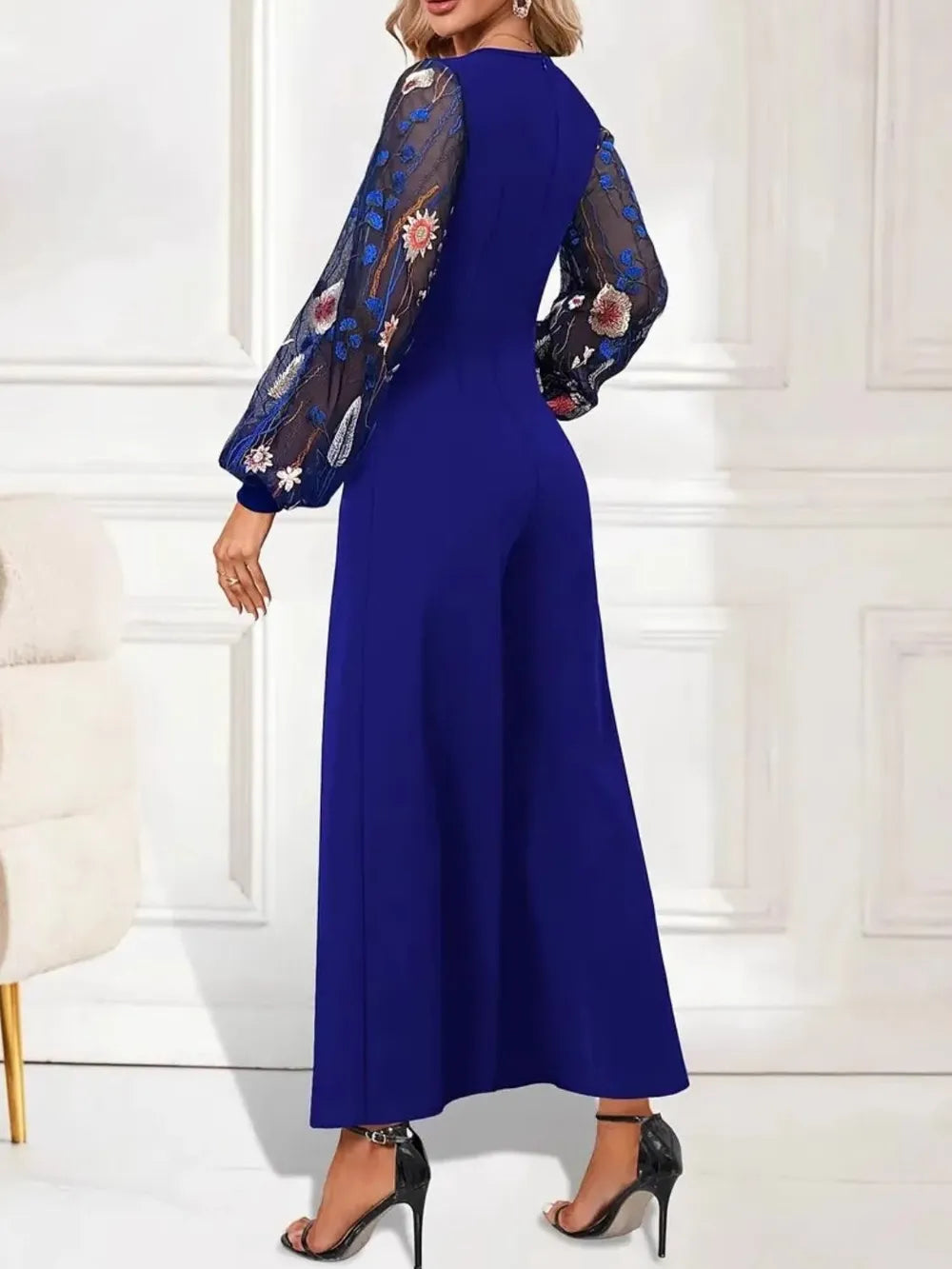 Surplice Embroidered Long Sleeve Wide Leg Jumpsuit - CHIC TB