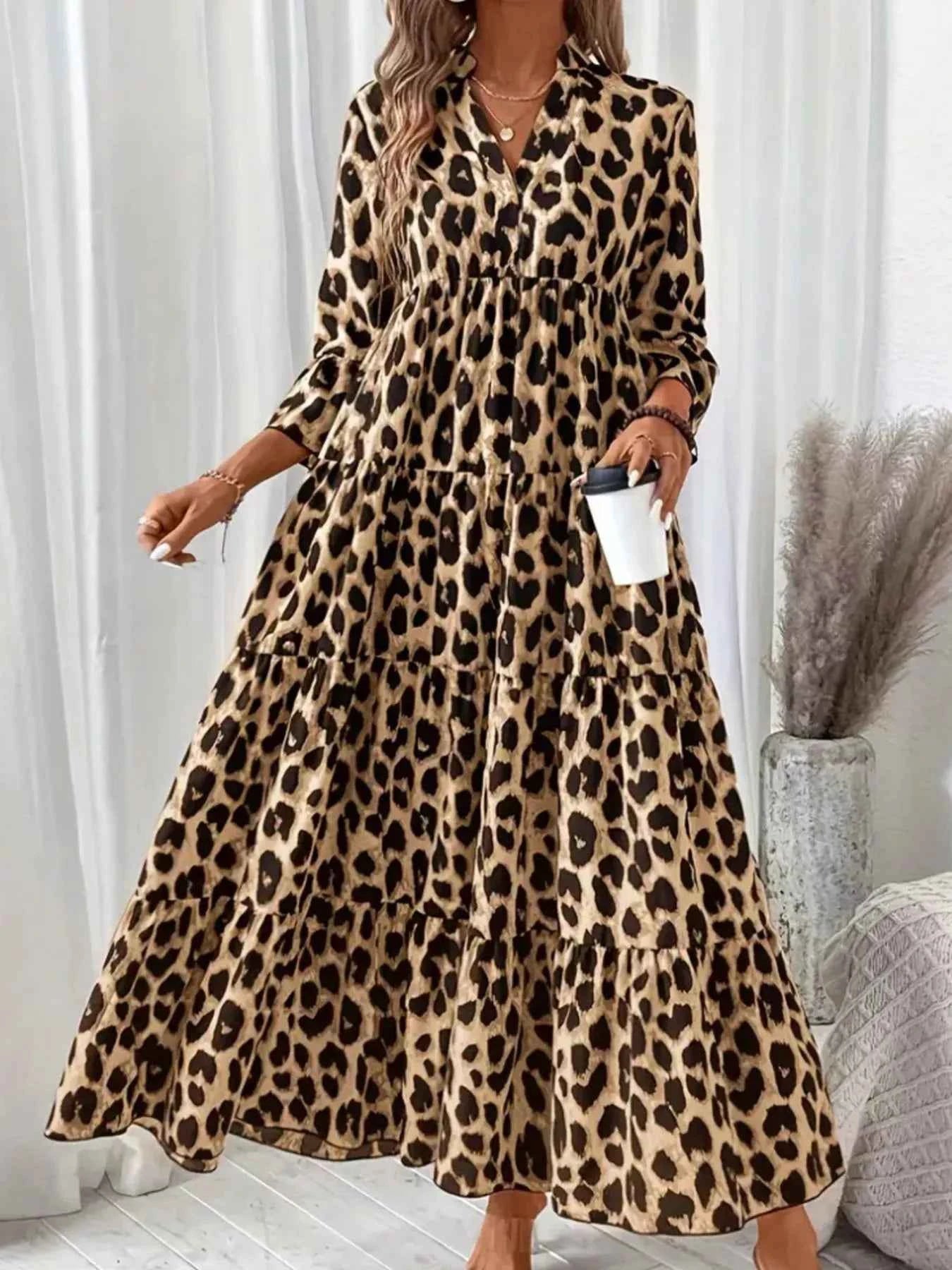 Leopard 3/4 Sleeve Midi Dress