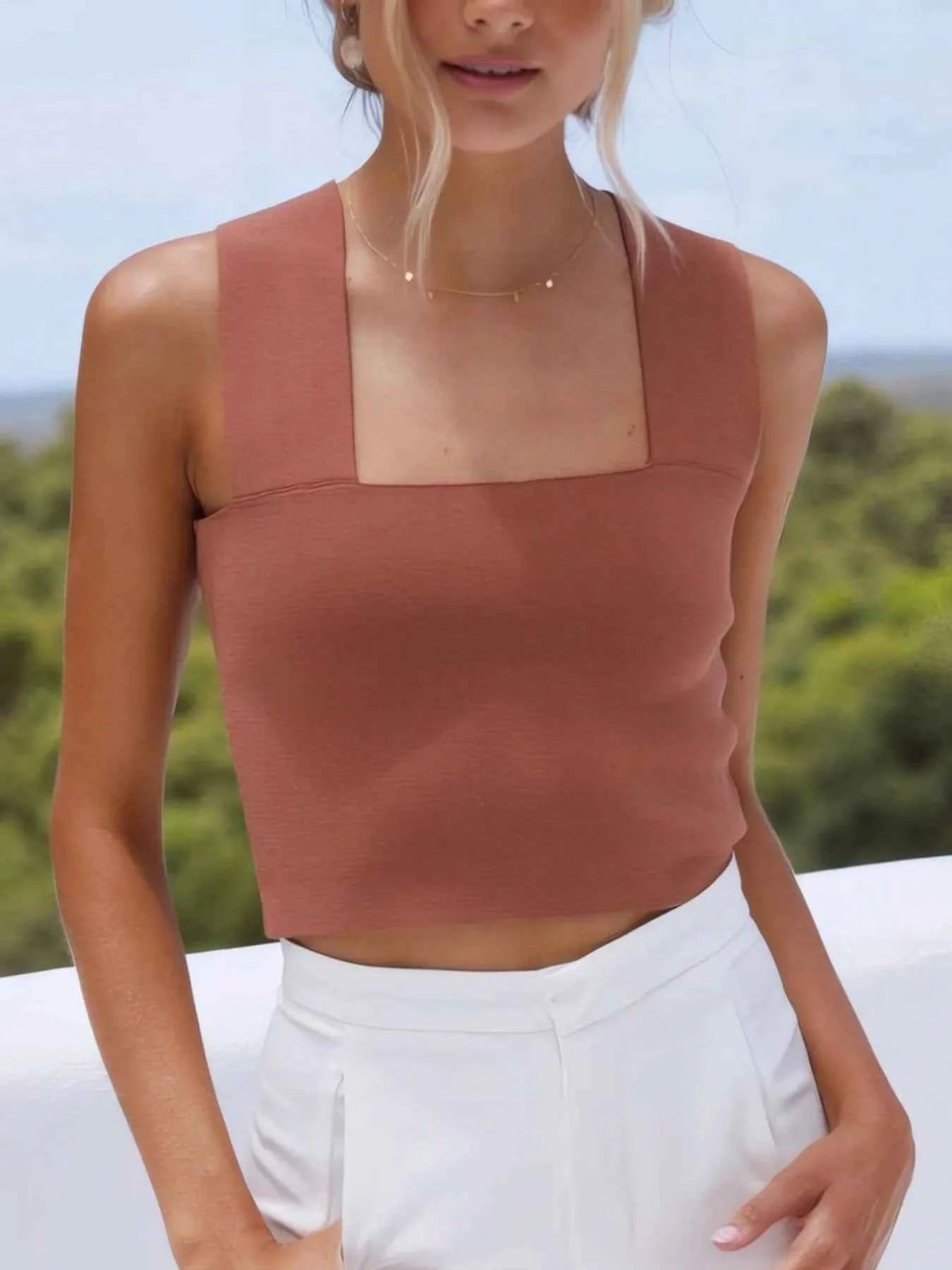 Square Neck Ribbed Crop Tank Top.
