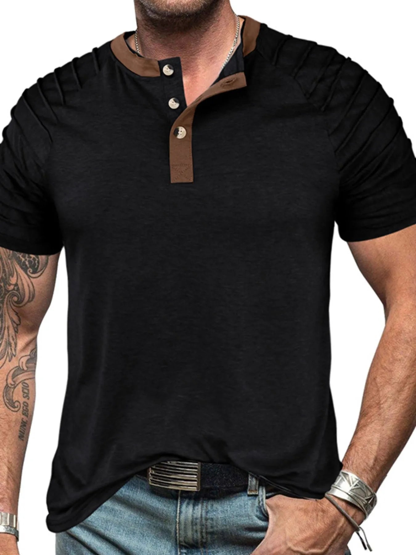 Men's Full Size Casual Henley Short Sleeve Top with Contrast Collar Plus Size.