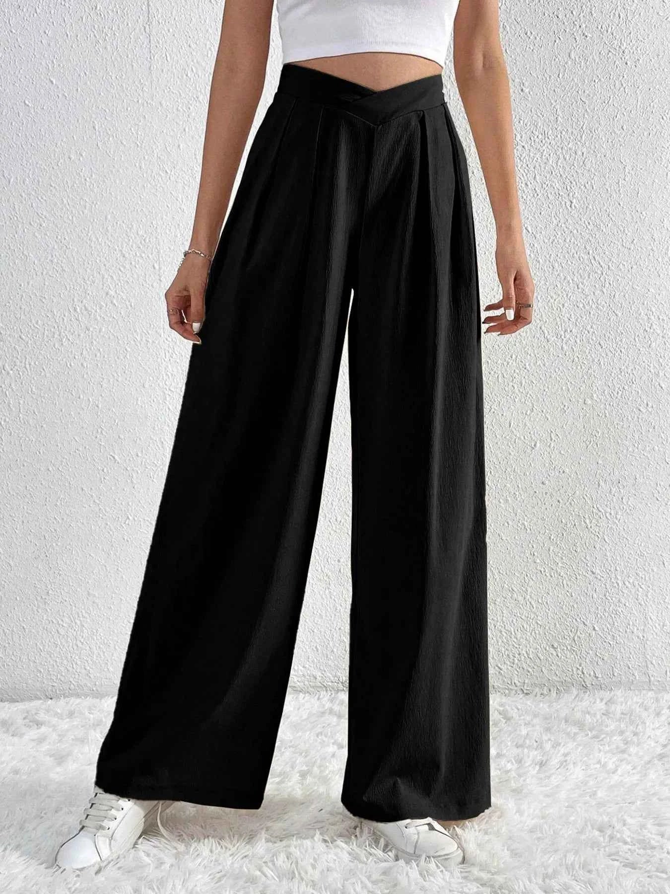 V-Waisted Ruched Front Wide Leg Pants.