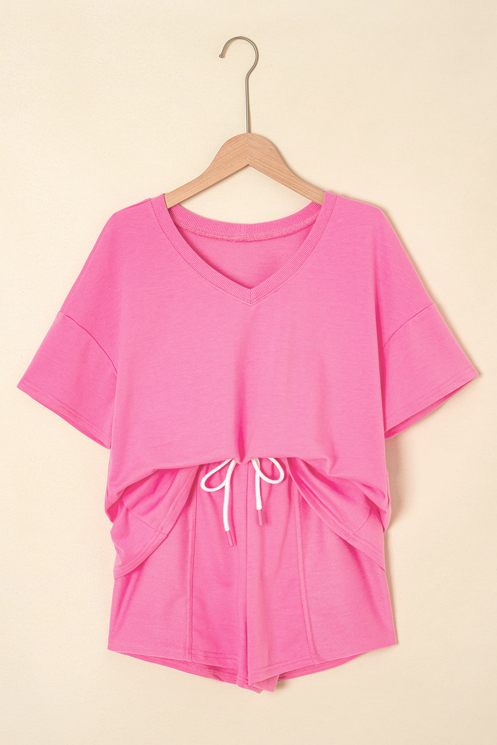 Bonbon V Neck Drop Shoulder Tee and Patchwork Drawstring Elastic Waistband Shorts Set Dear-Lover Dropshipping