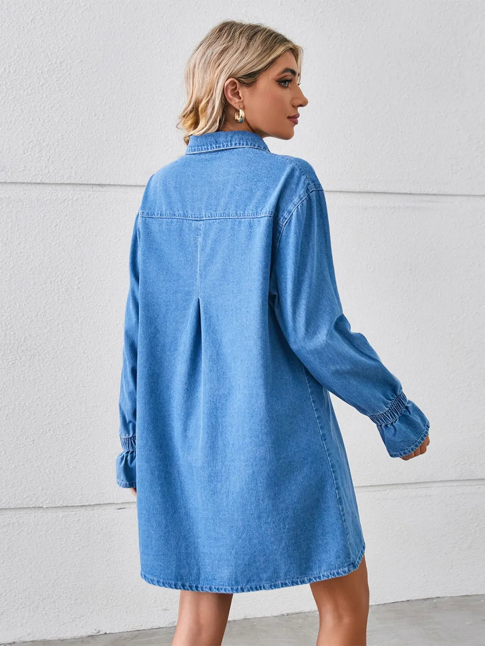 Pocketed long sleeve women Mini–Denim Dress.