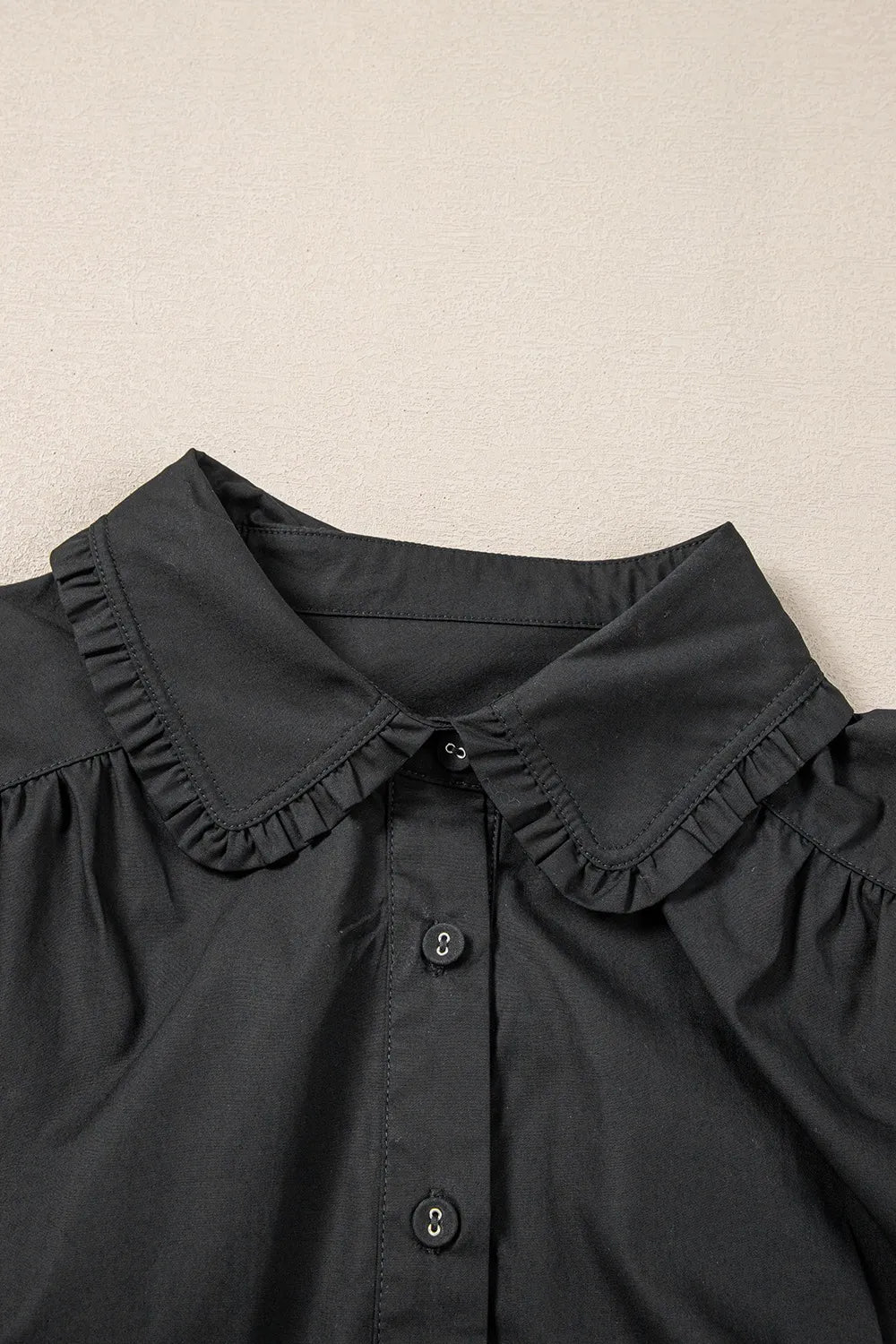Button Down Puff Sleeve Ruffle Hem Dress.