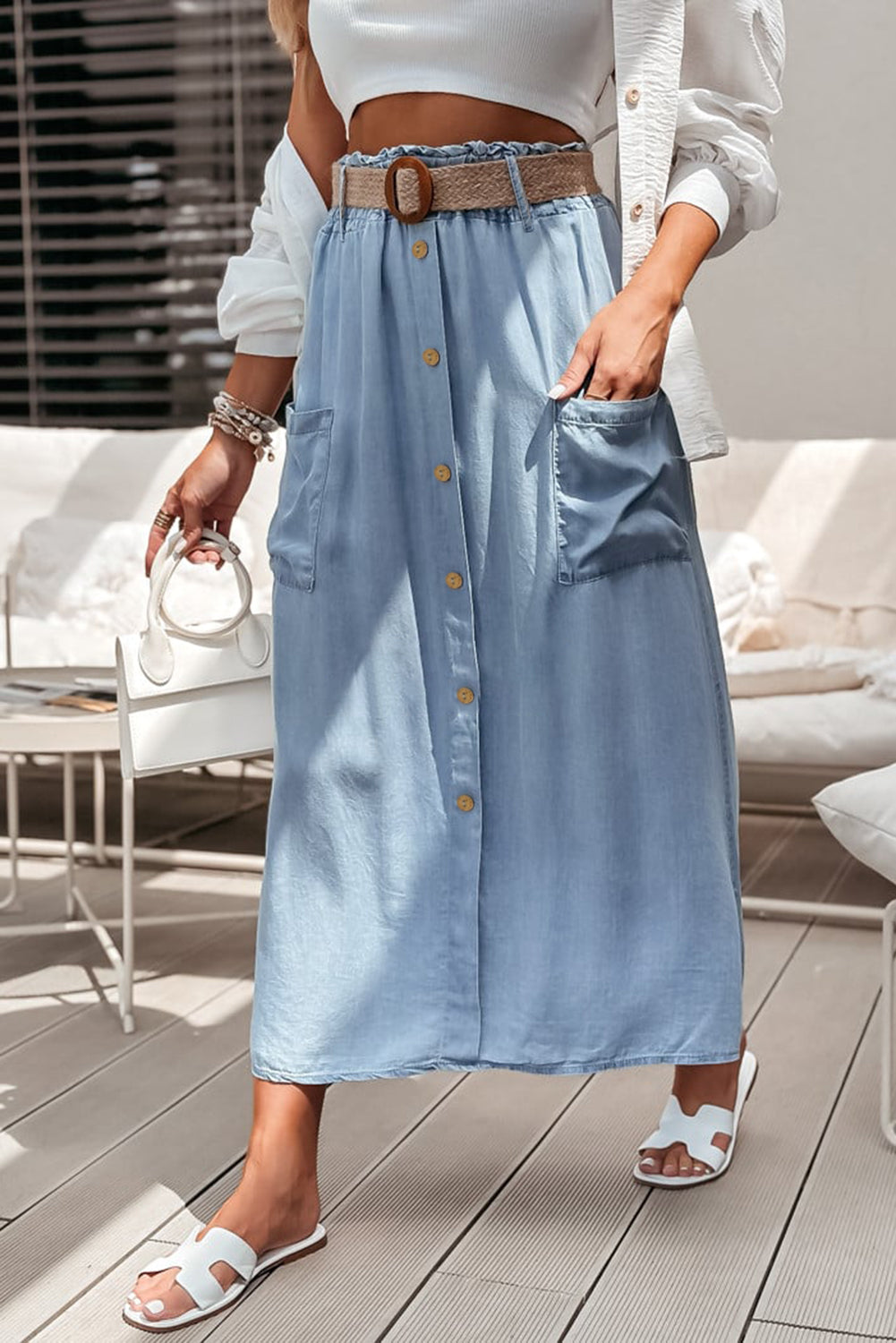 Beau Blue Buttoned Front High Waist Side Pockets Denim Maxi Skirt Dear-Lover Dropshipping