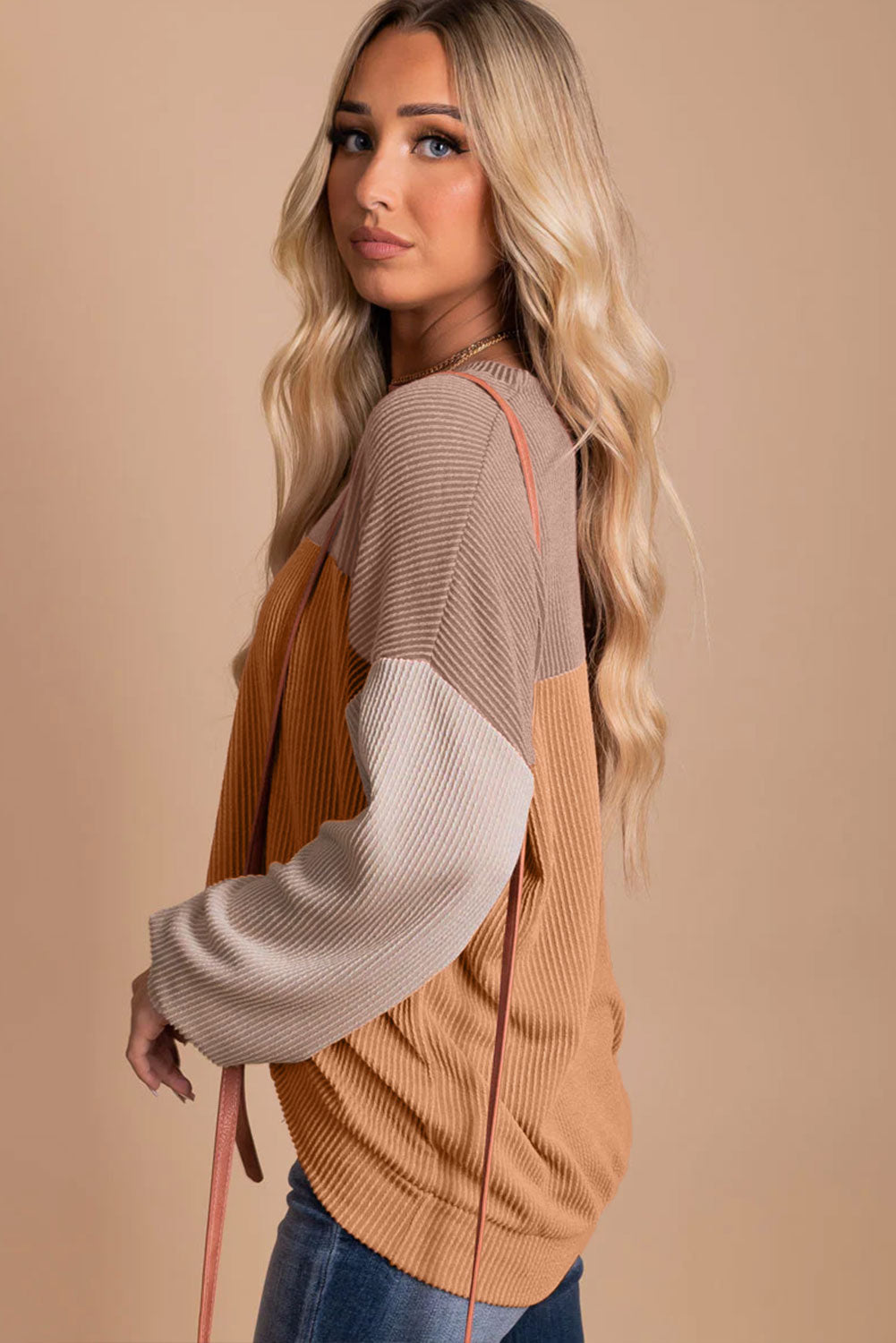 Khaki Color Block Long Sleeve Ribbed Loose Top Dear-Lover Dropshipping